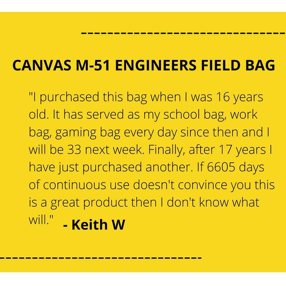 ロスコさんのインスタグラム写真 - (ロスコInstagram)「#TestimonialTuesday featuring the Canvas M-51 Engineers Field Bag. Can you guess how many years this bag served Keith? Swipe to read 👉 #8112」2月17日 7時39分 - rothco_brand