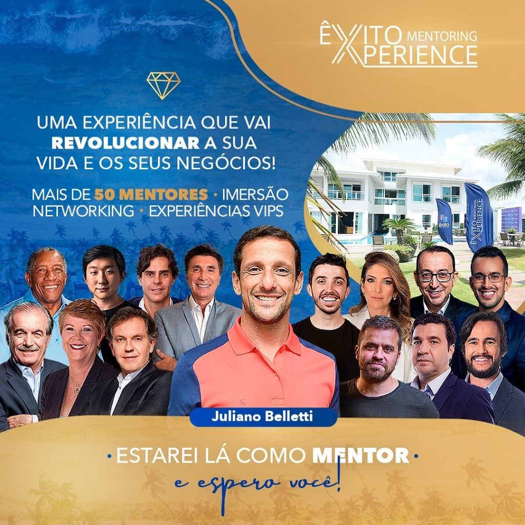 のインスタグラム：「Hoje eu tenho um convite especial para você, empreendedor. A partir de abril, eu vou participar como mentor do Êxito Mentoring Experience, o programa de mentorias de alto impacto do Instituto Êxito de Empreendedorismo.   Eu serei um dos mais de 50 mentores do projeto e vou dividir com você minhas experiências de vida e o que aprendi com meus negócios.  O Mentoring terá duração de 6 meses e começa com uma imersão intensiva de 5 dias em uma praia paradisíaca repleta de networking, mentorias e experiências VIPs.  Você vai aprender a se desenvolver e impulsionar seus negócios diretamente com quem construiu grandes empreendimentos. Uma oportunidade única!  Para saber mais sobre o projeto e se inscrever, acesse o site www.exitomentoringexperience.com.br. Eu aguardo você!  #belletti #forever #empreendedorismo #institutoêxito」