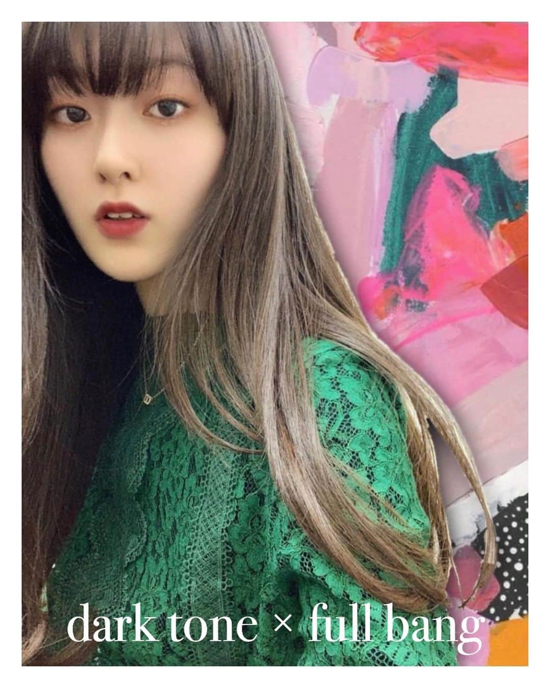 のインスタグラム：「【dark tone × full bang】  自然な空気感を前髪のバランスで 外国人のような空気感に◎  ※ハイトーンカラーグラデーションなど 様々なバランスにバランスがとれます。  cut / 6000〜  hair designer / @ishiwata_kana   お写真ありがとうございました！」