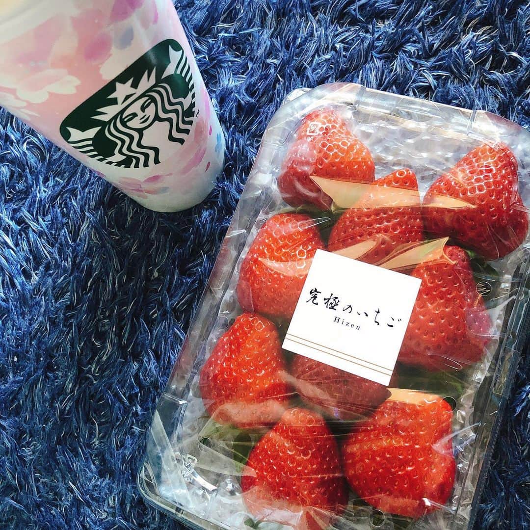 尻無浜冴美のインスタグラム：「真っ赤な#究極のいちご  初めて食べたけど甘くてほどよい酸味が美味しかった😋🍓 スタバの紙袋、容器が桜デザインでかわいいね(⸝⸝⸝´꒳`⸝⸝⸝)ﾃﾚｯ  #いちご  #いちご好き  #hizen  #strawberry  #missvivianajapan  #missvivianajapanファイナリスト」