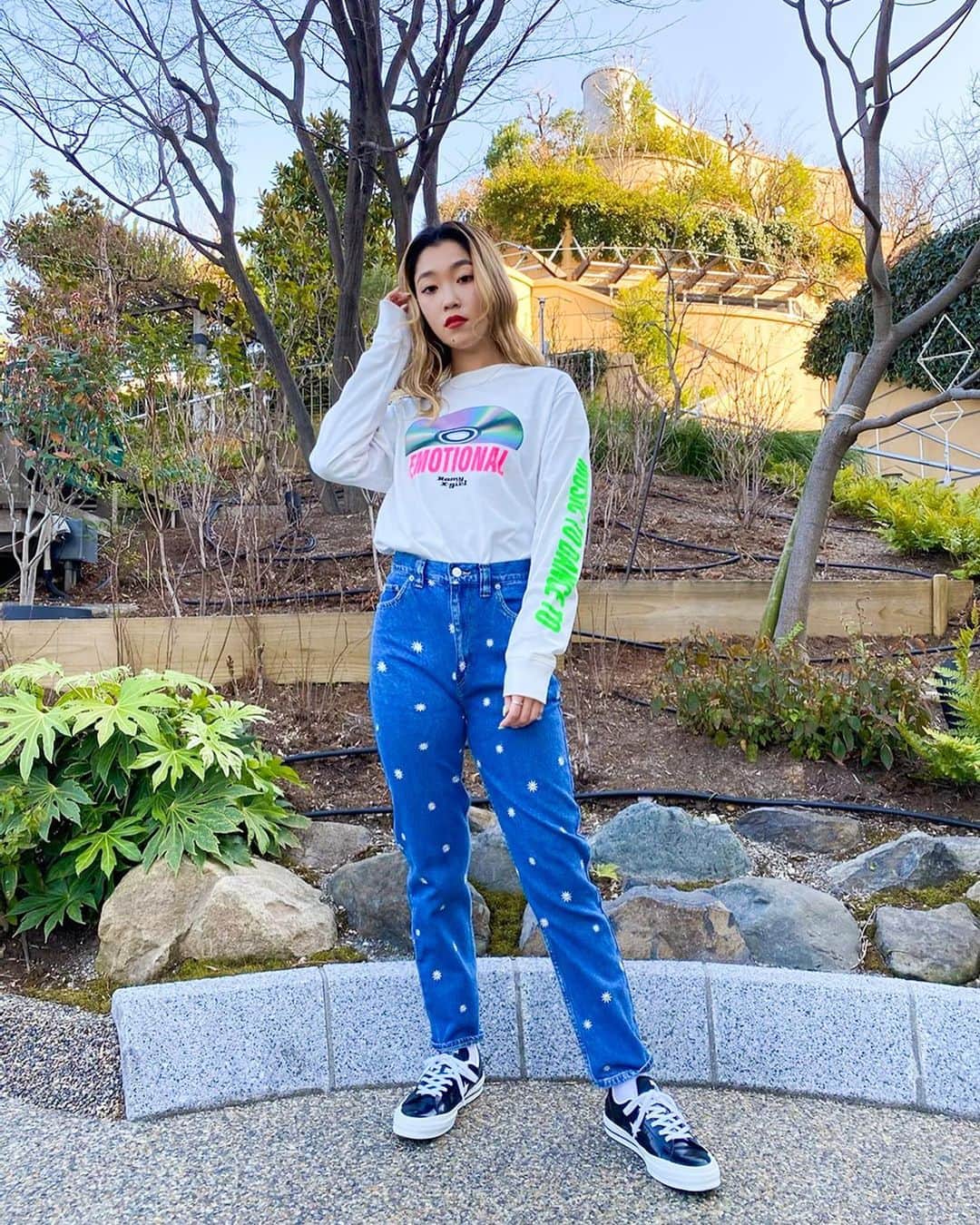 XGIRL_ootdのインスタグラム：「#xgirl_ootd @___xgirlika 158cm XLARGE/X-girl NAMBA CITY STAFF ・ ------------------------ ・ ▪️X-girl×Romy DISC L/S TEE ¥6,500+tax(SIZE M) ▪️ DAISY EMBROIDERY PANTS ¥13,000+tax(SIZE S) ・ ------------------------ #xgirl #xgirljp #xgirlus #エックスガール」