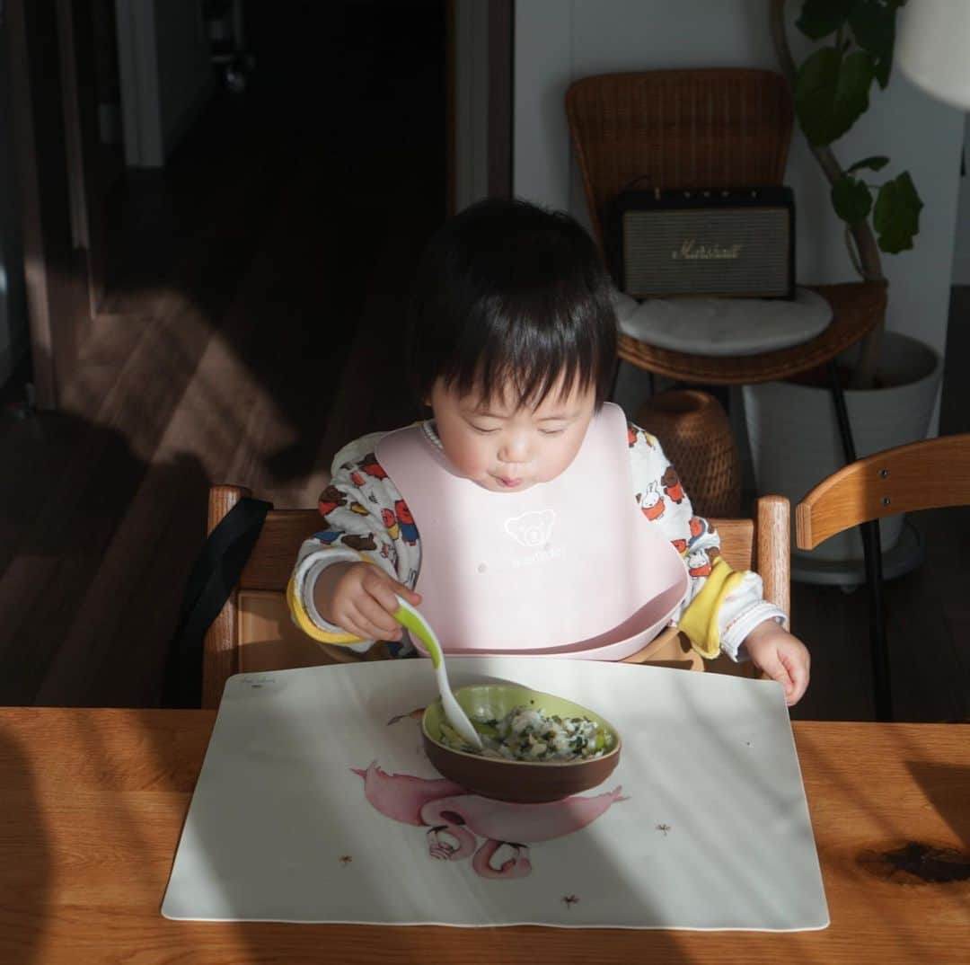 岩上陽子のインスタグラム：「ぎこちなさがいい🥄  #1歳1ヶ月  #スプーン食べ練習中  * * * #スプーン食べ#ユニクロベビー#ルクルーゼ#コンゲススロイド#シリコンビブ#ベビービョルンスタイ#ママライフ#令和ベイビー#ユニクロベビー服#ユニクロベビーパジャマ#sonyα6500#sonyα#uniqlobaby#stokketripptrapp #kongessloejd#idée#トリップトラップ#ルクルーゼ#赤ちゃんのいる生活#赤ちゃんのいる暮らし#1歳児#１歳 #1歳女の子#１歳児 #１歳１ヶ月」