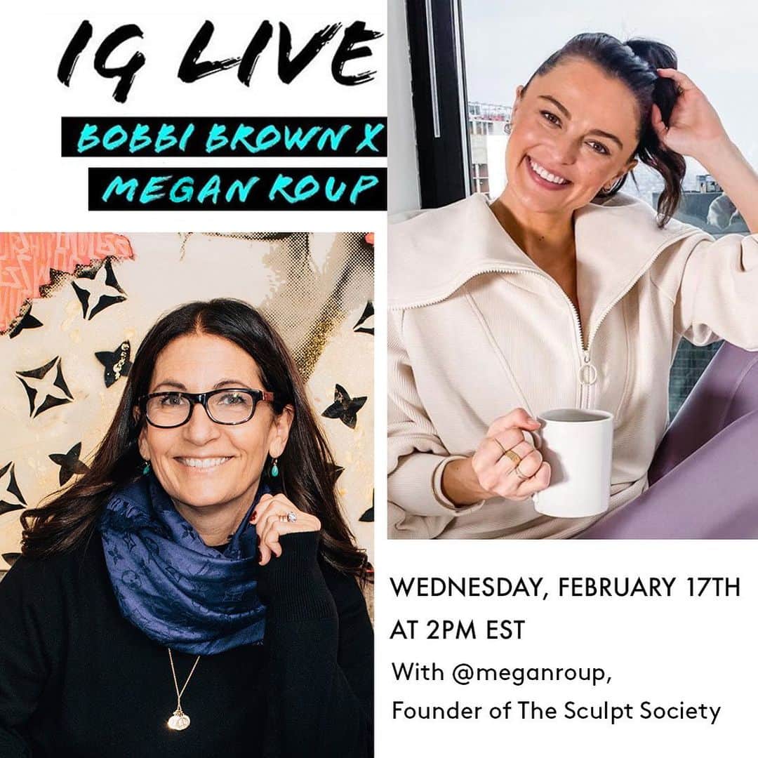 ボビー・ブラウンのインスタグラム：「See you in 30 mins. Excited to finally meet @meganroup of @thesculptsociety to chat all things health and wellness. I’m curious how she manage to stay active in the winter, and what products she’s currently loving. Feel free to bring your questions too. Use code SCULPT20 for 20% off @evolution_18 and BOBBI20 for 2 weeks free and 25% off your first month of @thesculptsociety.」