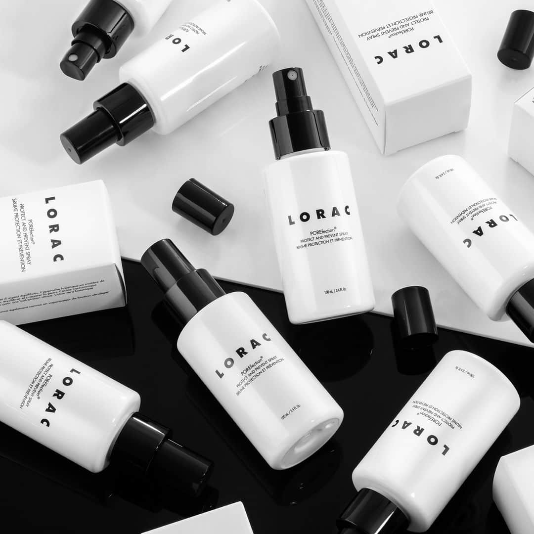 LORACのインスタグラム：「Double time primer & setting spray in one: POREfection Protect and Prevent Spray with Botanical Hyaluronic Acid for hydration & Organic Aloe to soothe - available on LORAC.com - link in bio!  #LORAC #LORACCosmetics」