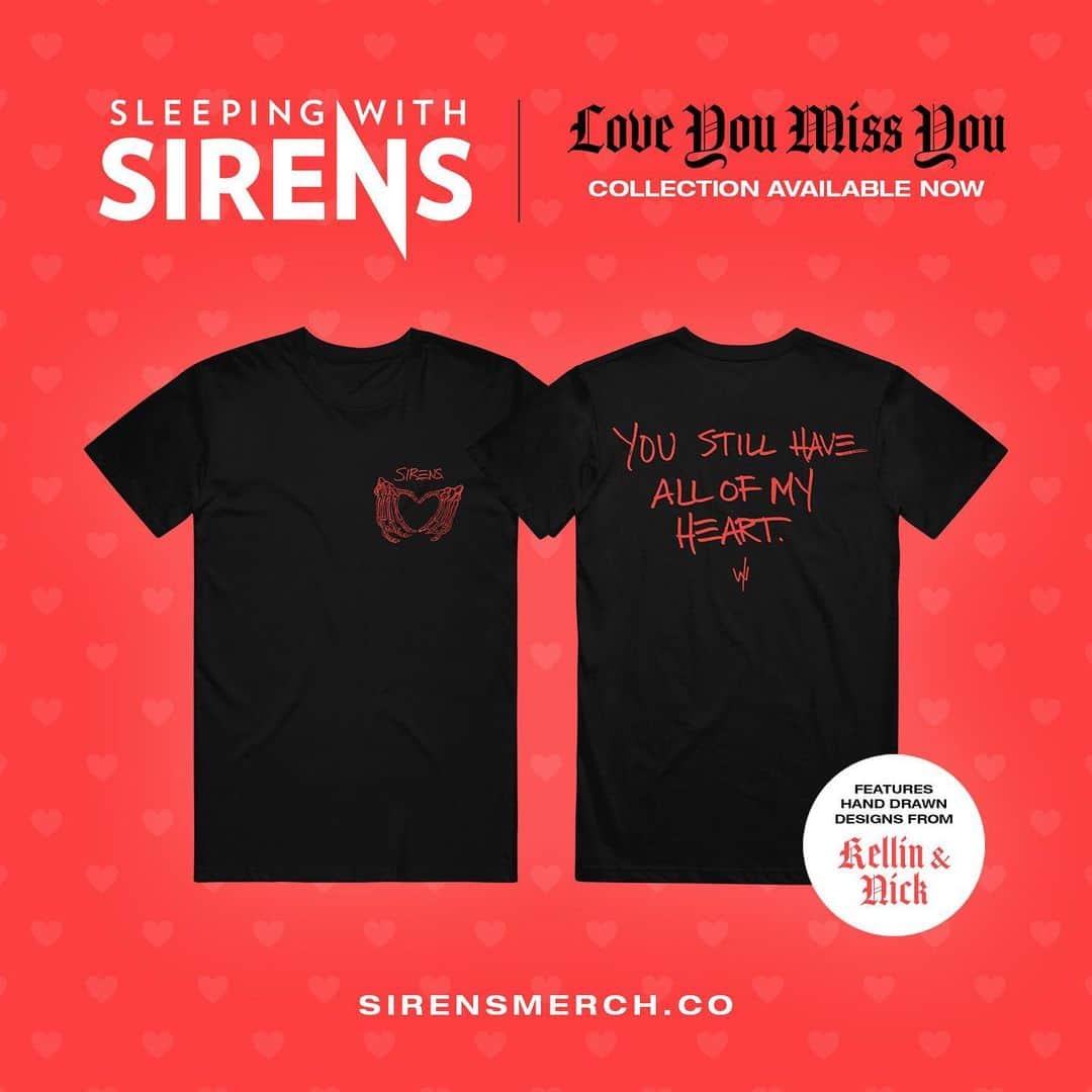 ジャスティン・ヒルズのインスタグラム：「Love You Miss You merch only available for 2 more days!  Should I draw the designs next time?? 🤔🎨   sirensmerch.co」