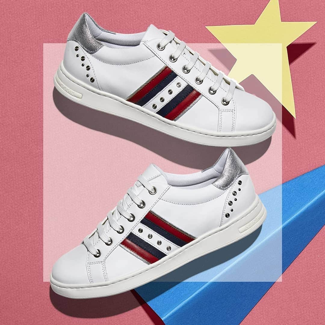 ジェオックスのインスタグラム：「You don’t have to be born in the 80s to love these sneakers.  Embrace the 80s trend in our Jaysen kicks: a low-cut, breathable tennis-shoe design to match each casual outfit in your wardrobe.   And let’s not forget the unmistakable 80s look with silver-tone leather detail, contrasting sidebands and sparkly studs.  ​ ​ ​#geox #geoxshoes #expressyourworlds」