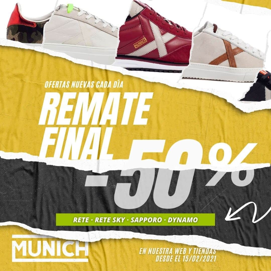 ミュニックのインスタグラム：「¡Seguimos con las MUNICH REBAJAS! 👉 RETE, RETE SKY, SAPPORO y DYNAMO al -50% 🤯 Visita nuestra web y tiendas MUNICH ✖️🏃‍♀️🏃‍♂️  #MunichSports #Rebajas #tiendasMUNICH #moda #deporte #zapatillasMunich #kids #accesorios」