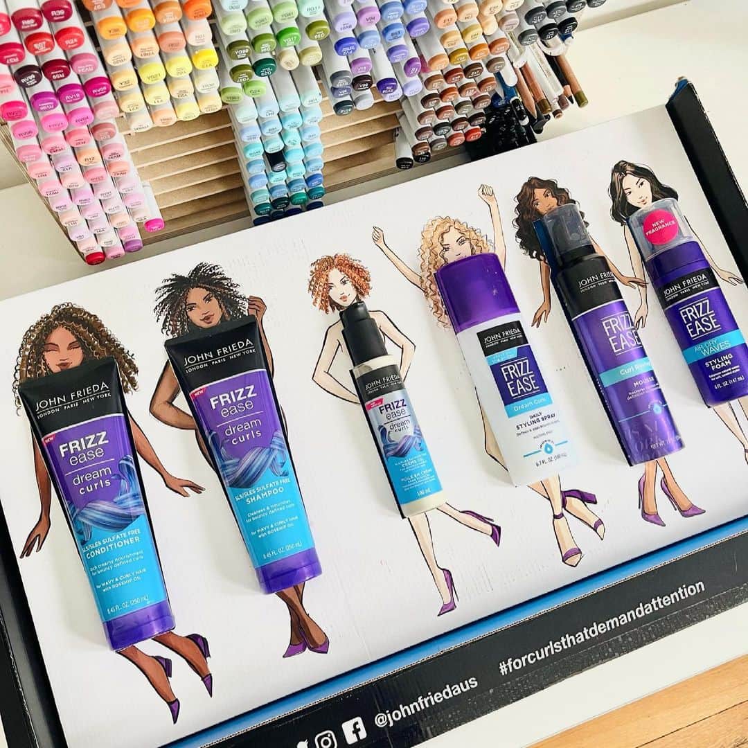 Holly Nicholsさんのインスタグラム写真 - (Holly NicholsInstagram)「#ad As a curly girl, I was thrilled to partner with @JohnfriedaUs to illustrate for their Dream Curls line, which has added three new sulfate and paraben-free products! I have been using the Dream Curls line since high school to style my curls and am so happy to add their new Conditioner, Shampoo, and Curl-Defining Cream oil to my roster! What do you think of these hair product “dresses” for your tresses?!♥️ #ForCurlsThatDemandAttention #JohnFrieda #curlyhair」2月17日 23時40分 - hnicholsillustration