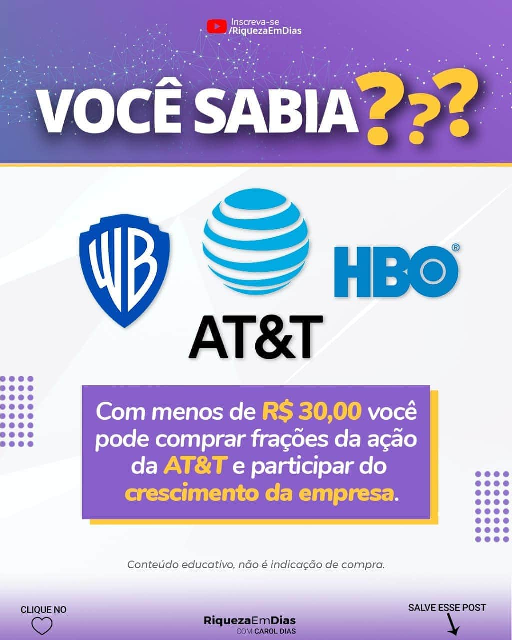 Carol Diasさんのインスタグラム写真 - (Carol DiasInstagram)「Você sabia que pode ser sócio da AT&T? . A AT&T é a segunda maior empresa de telecomunicações dos Estados Unidos, possui também receitas na parte de entretenimento como os canais HBO. . Sabia que você pode investir na empresa com pouco dinheiro? . Quer aprender como investir em ações no exterior? . 📌Marque um amigo e comente EU QUERO . . .  .  ❤️ Curta o post 💾 Salve a arte para ver depois ➡️ Ative as notificações para receber todo conteúdo novo que eu postar aqui . #investimentos #dinheiro #empreendedorismo  #investimento  #fundosimobiliários #investir  #trader  #mercadofinanceiro #bolsadevalores  #finanças  #fiis  #economia #finançaspessoais #planejamentofinanceiro #investidor  #liberdadefinanceira  #investidorinteligente #caroldias #rendavariavel #ações #comoinvestir #educaçãofinanceira #buyandhold #voabrasil #riquezaemdias #dividendos #acoes #ações #reits #reit」2月18日 0時09分 - caroldias