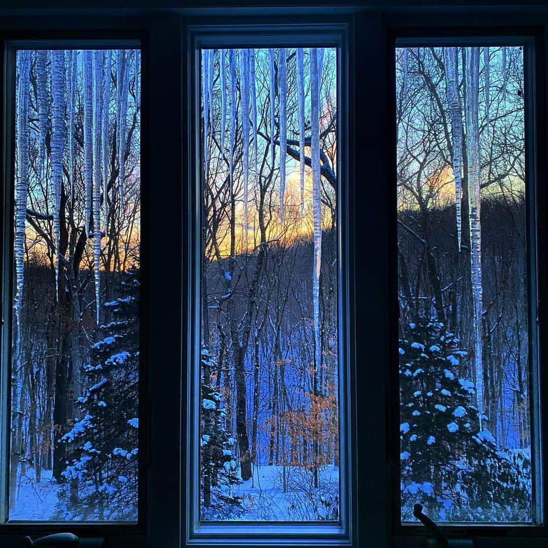 Michael Yamashitaのインスタグラム：「Good morning: First rays of the day. Heavy snow plus freezing rain create a frozen moment. More severe weather forecast for tomorrow. Bad weather makes good pictures .  #viewfrommywindow #icicles #chesternj」