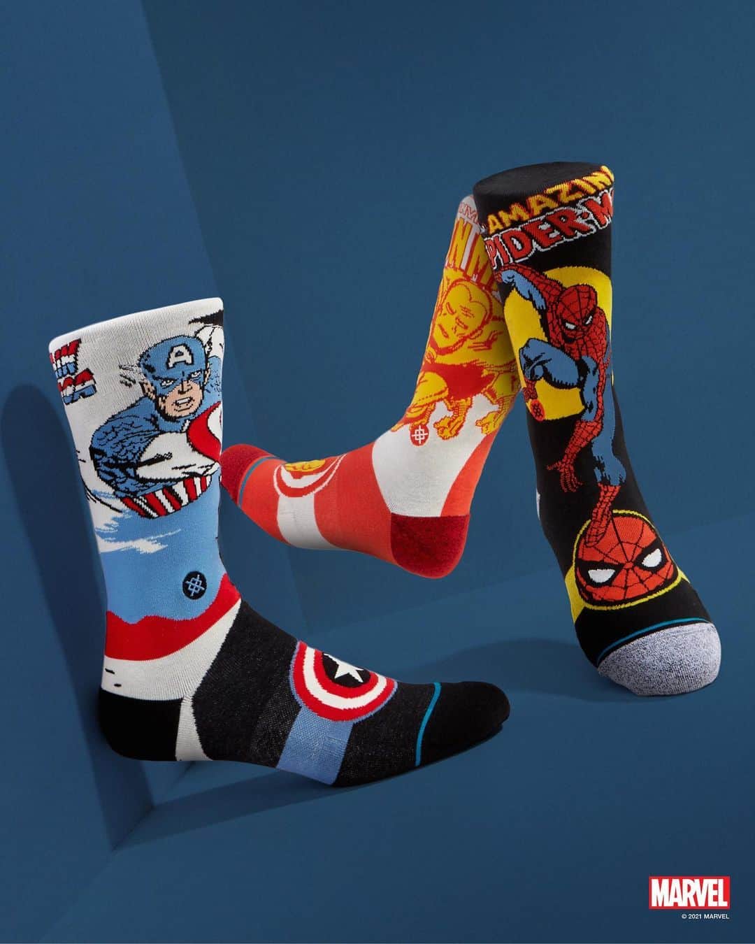 Stanceのインスタグラム：「Our new collection of @marvel socks is here just in time to save the day 👊. Featuring Spider-Man, Iron Man and Captain America, these Super Heros are ready to stop all evil in their tracks. Whether you're into slinging webs, Super-Solider traits, or suits of metal we got something for every fan to flaunt. Available now on Stance.com.」