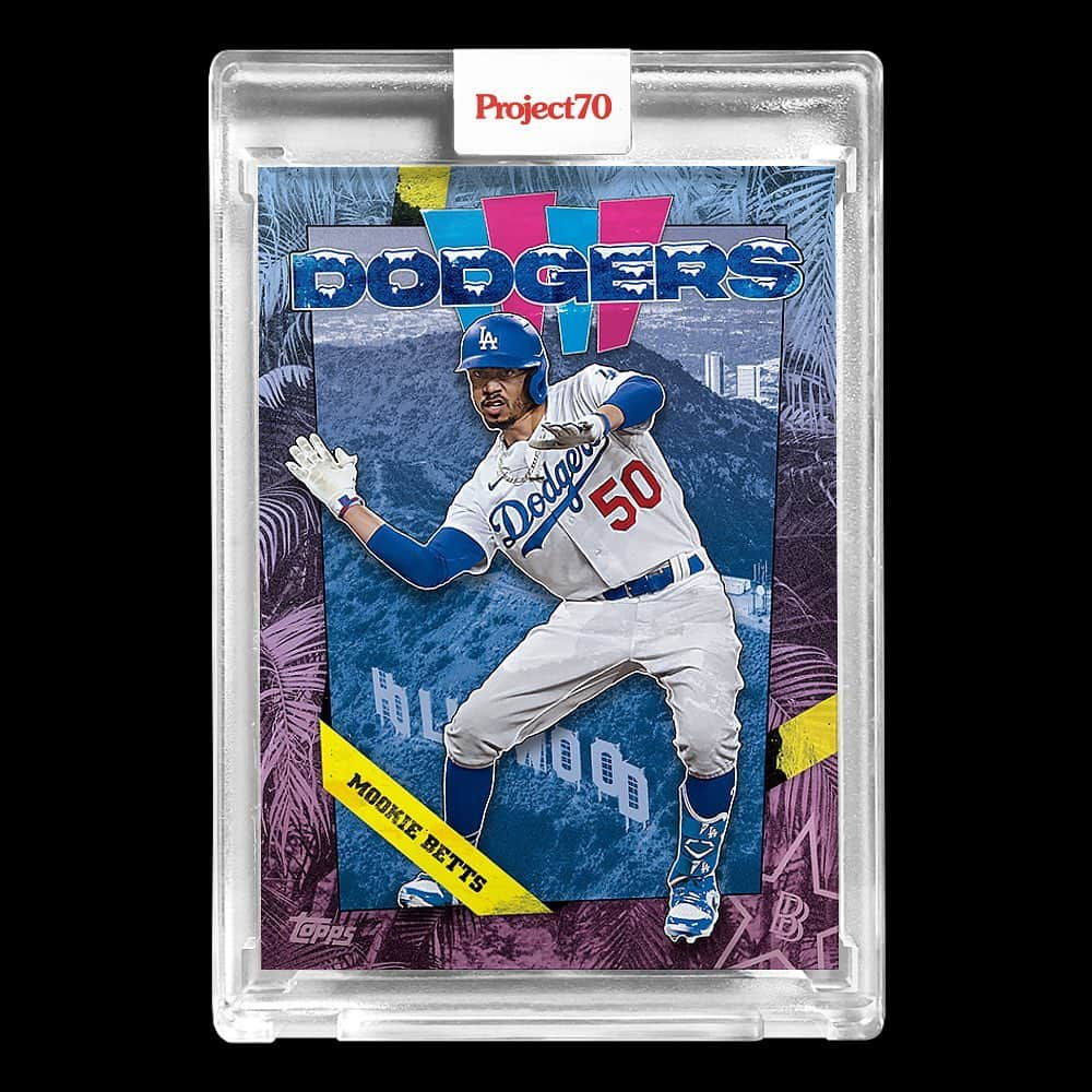 ベン・ボーラーのインスタグラム：「So here we go again Hobby. I’m back with #Project70 and I’m honored to be card #1  with us being able to choose current players now, of course my first card had to be a Dodger player aka the World Champions! 🏆 so I decided to use the 1988 Topps Design with my Mookie Betts card (action shot during the World Series game 6) and added my BBDTC flare to it. Card is available for 70 hours on Topps.com (click my link in bio) • Project70® celebrates 70 Years of Topps Baseball cards. Me and other Artists/creatives around the globe are revisiting and reimagining 70 years of iconic baseball card designs, each selecting their own MLB players and Topps designs to craft a unique story.  • Each artist creates 20 Project70® cards. There are special cards!!!!!! • Rainbow Foil editions 1/70 randomly inserted into each card’s print run.  • 1/1 Gold Frame edition randomly inserted into each card’s print run.  • Artist Proof editions 1/51 featuring a silver frame available for every card.  • For those who collect them all: Purchase all 20 cards from any specific artist and receive an exclusive gold-stamped oversized print featuring all 20 cards!」