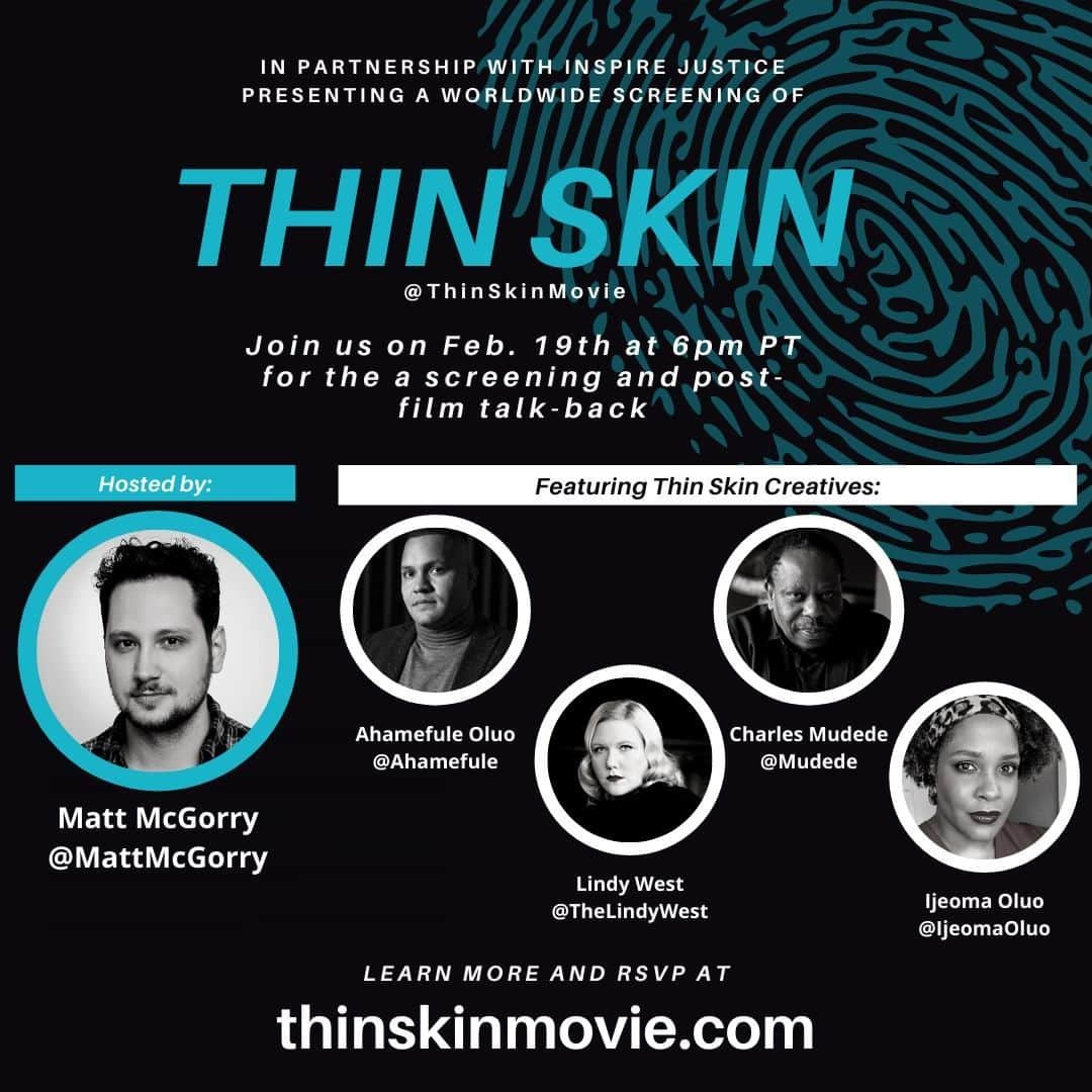 マット・マクゴリーのインスタグラム：「@ThinSkinMovie is a music-infused drama that will make you laugh, cringe, & deeply reflect on isolation & keeping it together while falling apart. On Feb 19th, @weinspirejustice  presents a screening followed by a talkback which I'll be hosting with the #ThinSkin creators @ahamefule @mudede @thelindywest @ijeomaoluo! Learn more and RSVP at thinskinmovie.com #ThinSkinMovie」