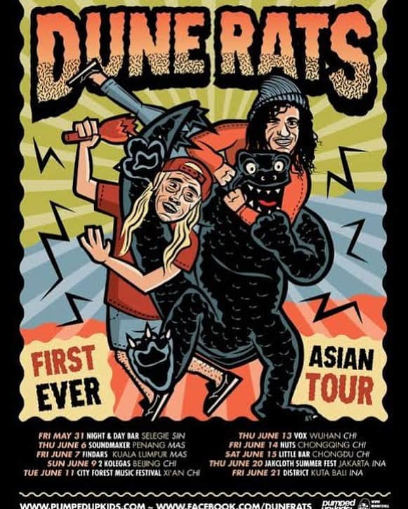 Dune Ratsさんのインスタグラム写真 - (Dune RatsInstagram)「Tour poster series #1. Throwing back to psycho tours from over the years. Back in 2013 (we think) we embarked on our first Asia tour after leaving our tour of South Africa. This bad boy included a fuck load of translators, trains and tinnies! Turns out we played in Wuhan, China and chances are we’re patient zero. Our bad. Shout outs to anyone who came to these shows! 🔥🔥🔥」2月18日 14時16分 - dunerats