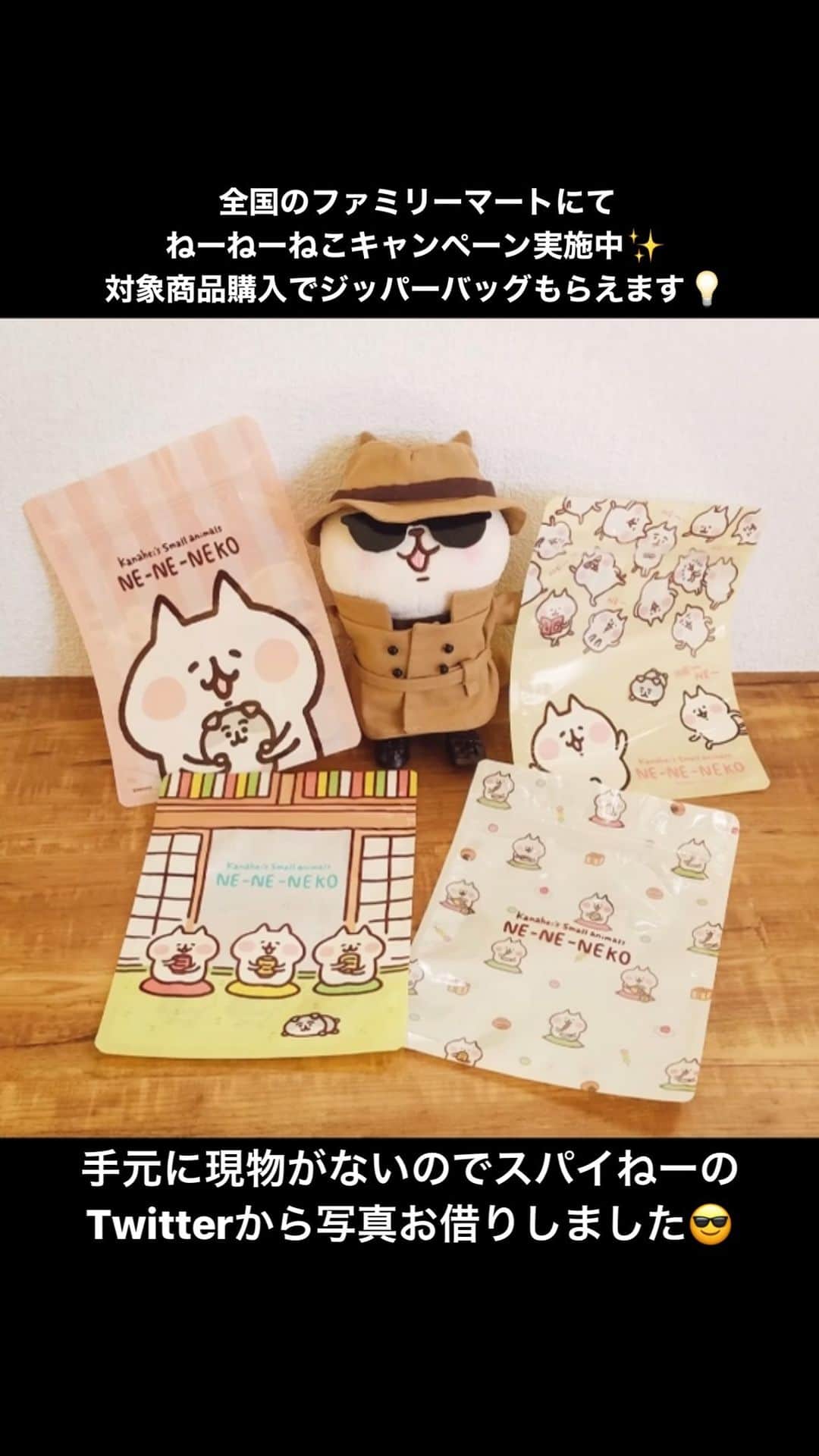 カナヘイのインスタグラム：「全国のファミリーマートにて ねーねーねこキャンペーン実施中✨ 対象商品購入でジッパーバッグもらえます🐈※手元に写真がないのでスパイねーのTwitterからお借りしました…😎 片面クリアで中身が見えて便利です！数量限定ですので見かけたらぜひー！ #ファミリーマート　#ねーねーねこ」