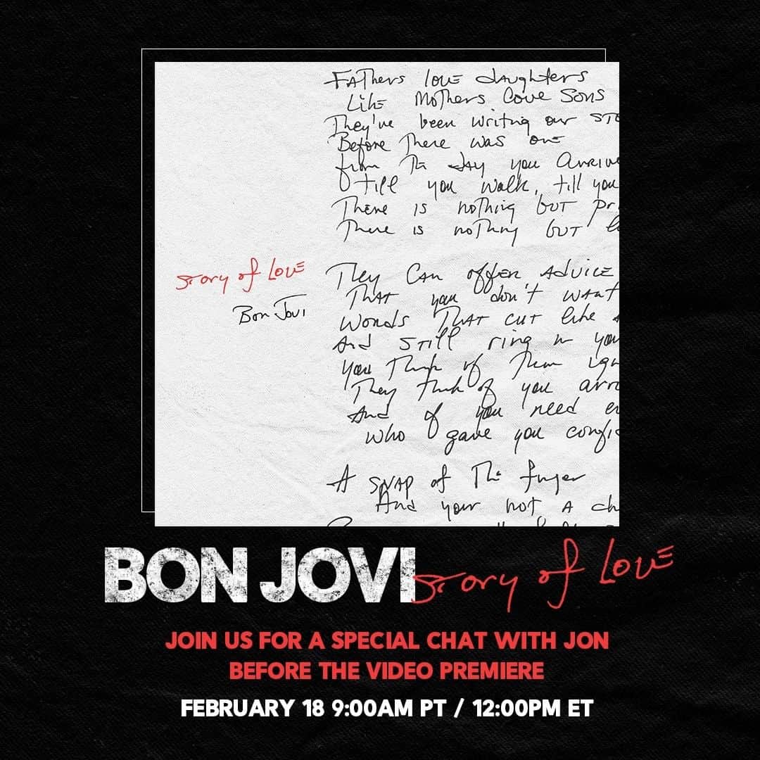 Bon Joviのインスタグラム：「Tune in tomorrow at 12:00p ET for a Q&A with @jonbonjovi and the premier of the Story of Love music video! Link in bio.」