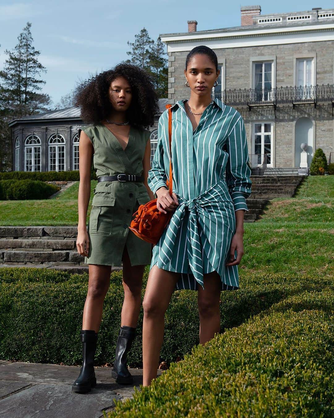 デレクラムのインスタグラム：「Add a touch of color to your wardrobe with distinctive dresses in sagebrush green and fatigue.」