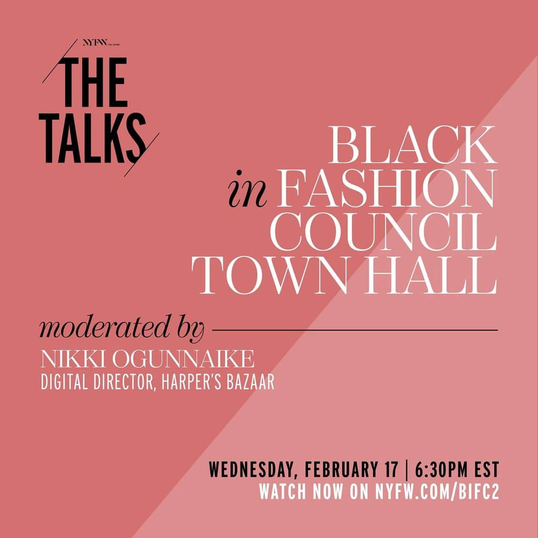 のインスタグラム：「The iconic discussion continues with @blackinfashioncouncil's Town Hall, moderated by @nikkiogun and featuring designers @chelseaparisint, @iamchukscollins, @_edas, @houseofaama, @michelmendiary, and @whensmokeclears tonight at 7pm EST, live on nyfw.com」