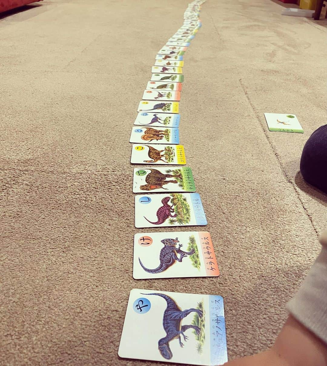 のインスタグラム：「おはようございます。３歳の息子がとにかく並べたいブームのようです。1枚目の写真は黒川みつひろ先生の恐竜かるた、２枚目はみかんからのオレンジ色つながり、3枚目はパズル。  自分は小さい頃こんなに並べたかったのかどうなのか、母に聞いてみようかな。。  My 3 years old son wants to make a line anyway. The first photo is Mitsuhiro Kurokawa's dinosaur card, the second is an orange connection from a mandarin orange, and the third is a puzzle.  #恐竜#ウクレレ#パズル#３歳#子育て#かるた  #ukulelelove#ukulelelife#ukuleleplayer#ukulele#ukulelemusic」