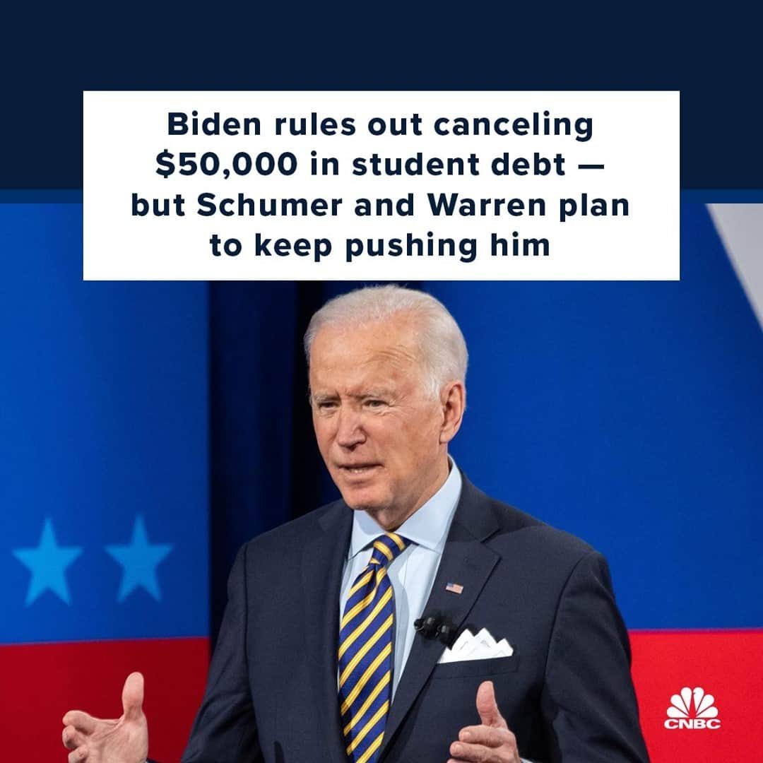 CNBCさんのインスタグラム写真 - (CNBCInstagram)「President Joe Biden on Tuesday night shot down his fellow Democrats’ push to forgive up to $50,000 in federal student debt per borrower.⁠  ⁠ “I will not make that happen,” the president responded to an attendee at a CNN town hall.⁠  ⁠ The comments will disappoint student loan holders waiting to see whether Biden eases their financial strain and congressional Democrats who have urged him to take action. Lawmakers led by Senate Majority Leader Chuck Schumer, Sen. Elizabeth Warren, and Rep. Ayanna Pressley earlier this month pushed Biden to cancel $50,000 in debt and argued he had the power to do so without Congress.⁠  ⁠ In ruling out forgiving $50,000 in debt, Biden said he had concerns about disproportionately helping people who went to prestigious colleges and secured high-paying jobs. The president said he would rather use the money to pay for early childhood education.⁠ ⁠ Biden has said he would sign legislation forgiving up to $10,000 in student loans if Congress passes it. The White House is also reviewing his legal authority on the issue.⁠  ⁠ Full story at the link in bio.」2月18日 7時31分 - cnbc