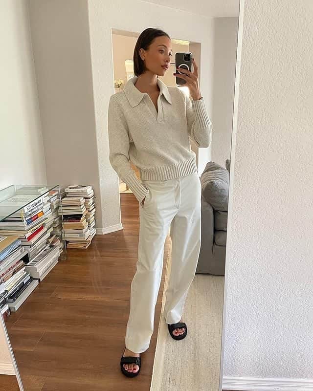 ベイシークのインスタグラム：「@tylynnnguyen wears the cotton merino polo knit and brushed twill slouch chino. ​ ​#bassike」