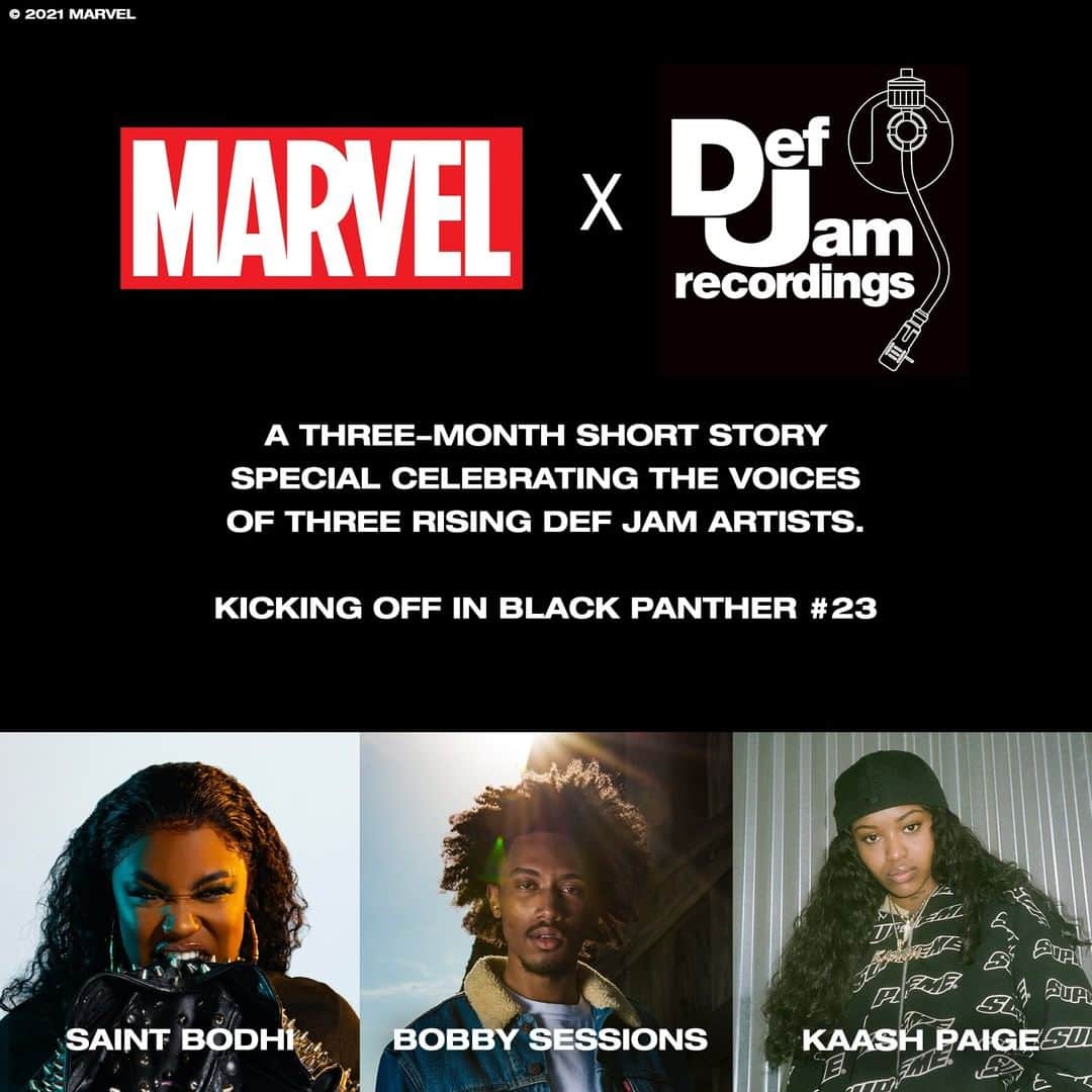 Marvel Entertainmentさんのインスタグラム写真 - (Marvel EntertainmentInstagram)「#MarvelComics joins forces with iconic hip-hop label, @defjam, to deliver three incredible stories through the eyes of their rising stars. The next three comic issues of “Black Panther" will feature stories written by @st.bodhi, @kaashpaige, and @bobbysessionstx, inspired by their #DefJamForward pillars on Mental Health, Social Justice, and Education. Read more about the partnership on Marvel.com!」2月18日 9時00分 - marvel