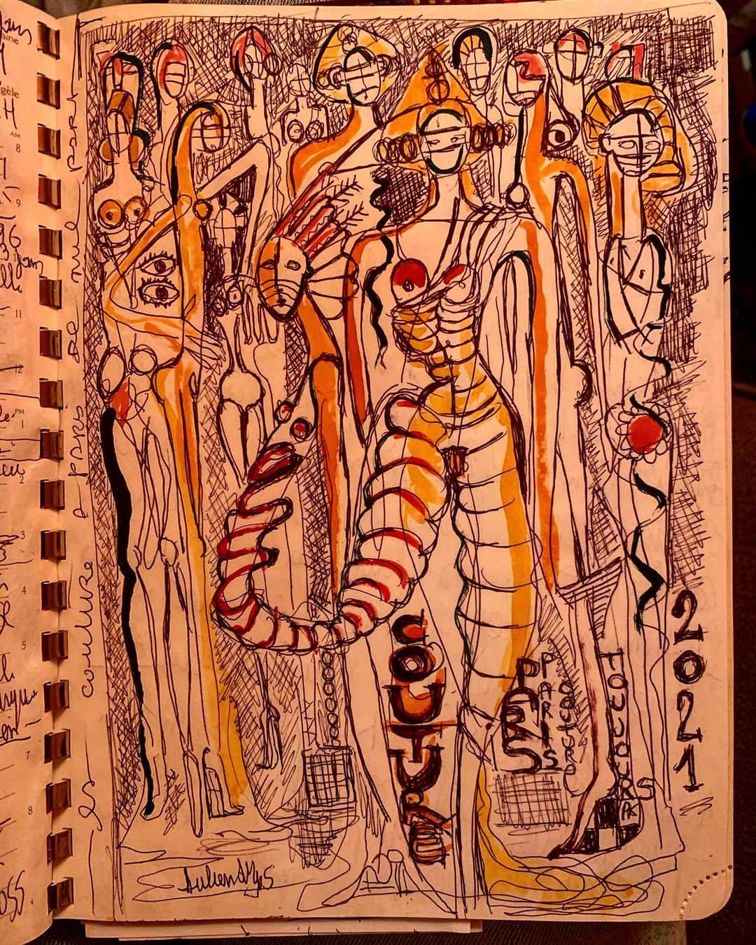JULIEN D'YSのインスタグラム：「My couture in paris in my carnet from New York #carnetjuliendys #creations #always #carnethermes  @hermes 🧡#February17.2021 #newyork#drawing #encre」
