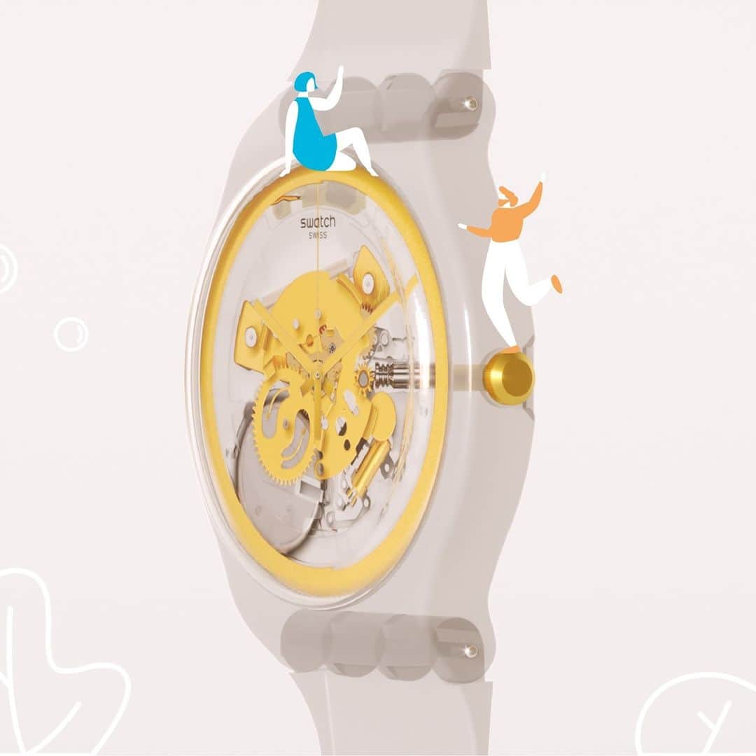 Swatchのインスタグラム：「31 years later, the remake of the mythical Golden Jelly celebrates our DNA at its absolute best: transparency, lightness and movement. Do you remember the original design?  #SwatchMyTime #TimeIsWhatYouMakeOfIt」