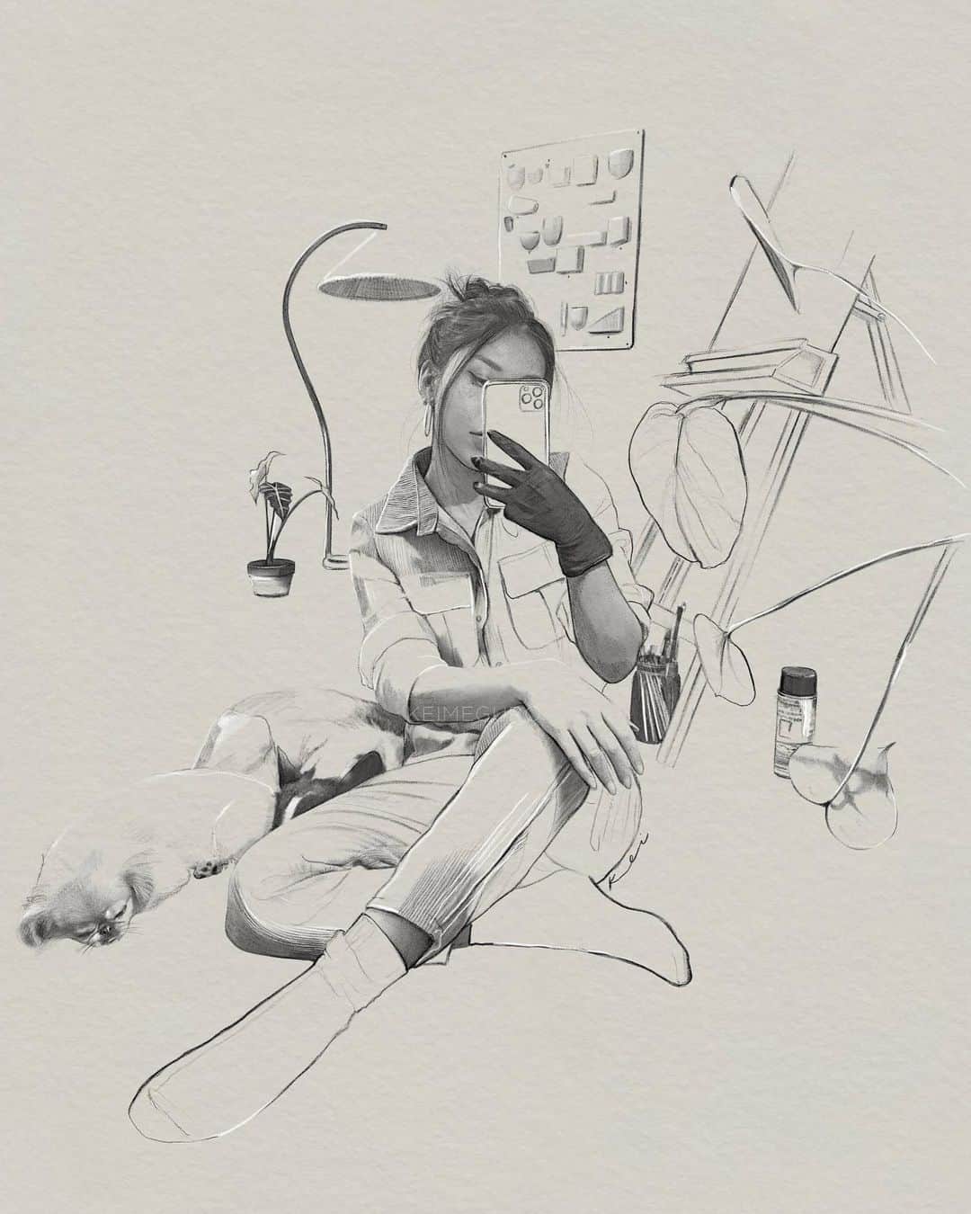 のインスタグラム：「Self reflection. Everyday I grow into appreciating this vessel and the human experiences that come with it. Thank you for being here and supporting what I do- whether you collect art from me or you simply just like to pop in occasionally to see what shenanigans I’m up to, your presence is much appreciated. Whatever it is you feel from my work, I just hope you leave with a good, warm feeling.  🤍  #mirroringkeimeguro」