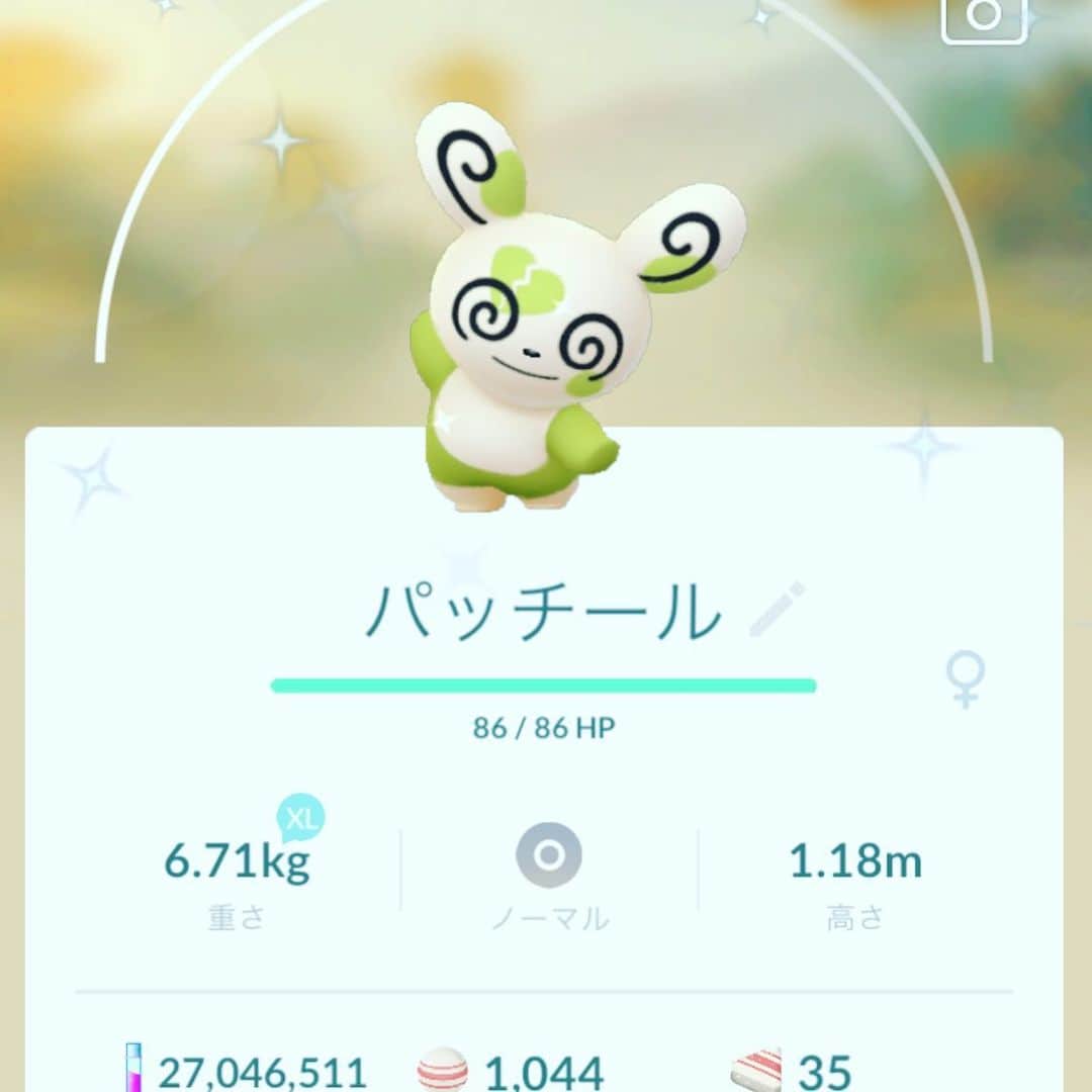 ギャル曽根のインスタグラム：「嬉しい🥺 ありがとう。 #でてくれた。 #ポケモンgo #色違い #失恋パッチール #ゲームの話です。」