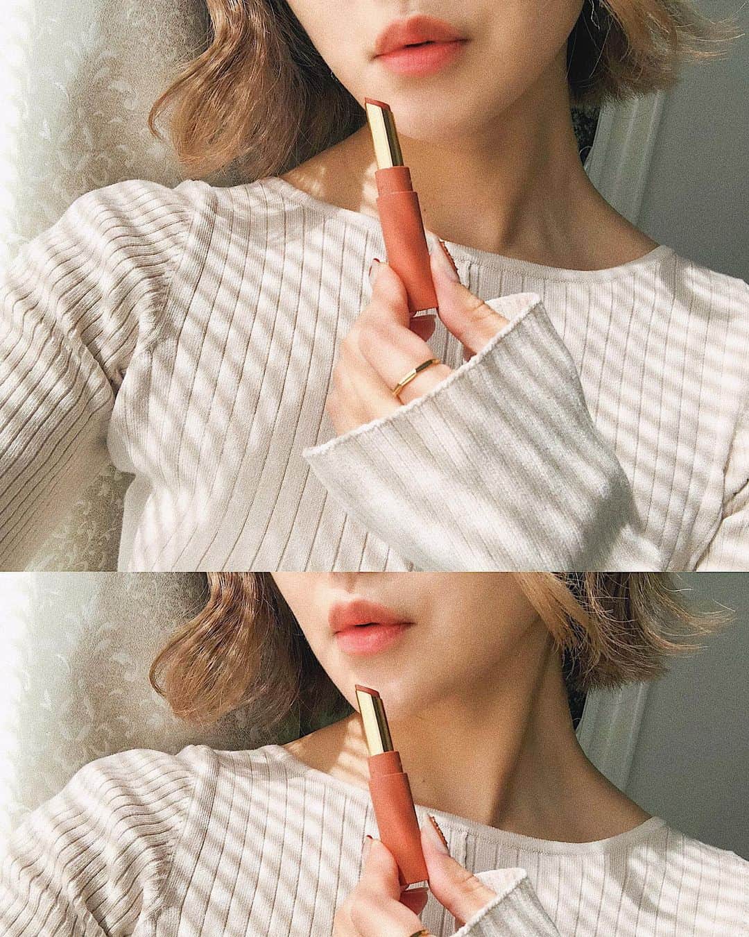 のインスタグラム：「💋💐🕊﻿ ﻿ 今日2/18から発売された﻿ #エテュセ (@ettusaisjp )の﻿ SPRING COLLECTION🌷﻿ ﻿ 今回もたくさん新作コスメいただいて﻿ ZOOM座談会でもたくさん﻿ 使い方やこだわりなどお聞きしたよ😌💐﻿ ﻿ ﻿ ﻿ ﻿ ﻿ インスタでは、﻿ 特に私が気に入ったこの２種類を﻿ 紹介させてもらいます🕊❣️﻿ ﻿ ☑︎アイエディション　﻿ リキッドカラー　¥1,430﻿ (写真2.3.4枚目) ﻿ ☑︎リップエディション　﻿ ティントルージュ　¥1,650﻿ (写真1.5.6枚目) ﻿ ﻿ ﻿ ✔️アイエディション　リキッドカラーは、﻿ まぶたにちょんちょんっとつけて﻿ 指でぼかすだけで﻿ 透け感の春の目元になるよ😳✨💭﻿ ﻿ この春の流行カラーでもある03.モーブは﻿ 普段カラーメイクをしない人でも﻿ 使いやすい春カラーだと思う💫﻿ 無理せず一気に春の目元になります😌💐﻿ (さらに瞳が綺麗にみえる色でもあるよね💜 目のキワに塗るのもおすすめって言ってたよ🙆‍♀️✨)  そしてそして… (書きたいことたくさんあってごめんなさい！笑) 機能面でいうと、 ラメというかパールが 二重のところに溜まらないようになってるの！！ これはほんとすごいと思う😳👏 時間が経っても綺麗な目元でいられます💭 ﻿ ﻿ ﻿ ﻿ ﻿ ✔️ティントルージュでお気に入りなのが﻿ 04.アンバーベージュ ❣️﻿ ﻿ 座談会のタッチアップでつけた瞬間に﻿ ＂きゅんっっっっ＂としたの😭❤️﻿ ﻿ ﻿ ヌーディーなんだけど、艶もあって﻿ 血色感が自然にでて﻿ どんなメイクにも合いそう😊💫﻿ (ちなみに1枚目の写真がこれね！)﻿ ﻿ ﻿ 春になって赤リップから﻿ 何か他の色を探したい…🤔﻿ でもピンクは合わないしなあ…🤔﻿ なんて思っていた私に﻿ ぴったりのカラーでした😳✨👏﻿ ﻿ ブルベイエベ問わず﻿ 使えるように作られているので、﻿ いつもと違うカラーも挑戦しやすいよ😌🌸﻿ ﻿ ﻿ ﻿ ﻿ 春が楽しみになるコスメたちでした💭💐﻿ 今日はベージュのお洋服に合わせたけど﻿ 春はワンピースに合わせたい👀🌈﻿ 𓂃 𓈒𓏸 ‎𓂃 𓈒𓏸 ‎𓂃 𓈒𓏸 ‎𓂃 𓈒𓏸 ‎𓂃 𓈒﻿ #ettusais」