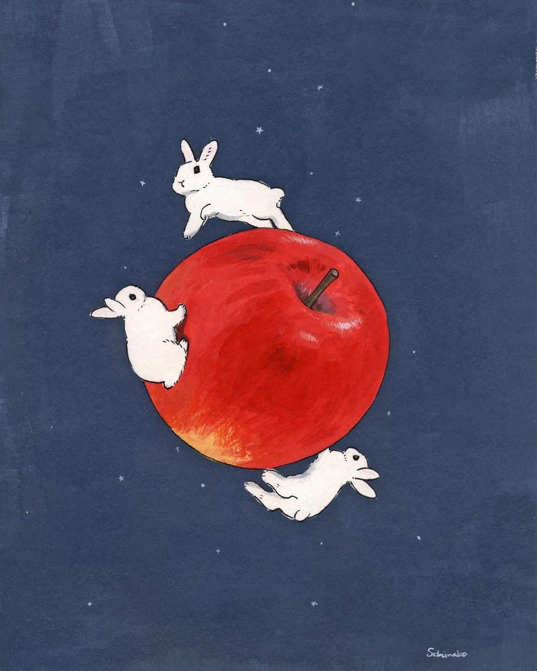 のインスタグラム：「Both the apple and the rabbit are pretty🍎🐇 りんごって、丸ごとのまま描くと可愛いけど、うさ飼い的にはあげすぎのような絵は嫌だと思うので、舞台を宇宙にしたりして象徴的に描くのが好きです。 * #illustration#art#drawing#design#acrylicpaint#アクリル絵の具#rabbit#bunny#うさぎ」