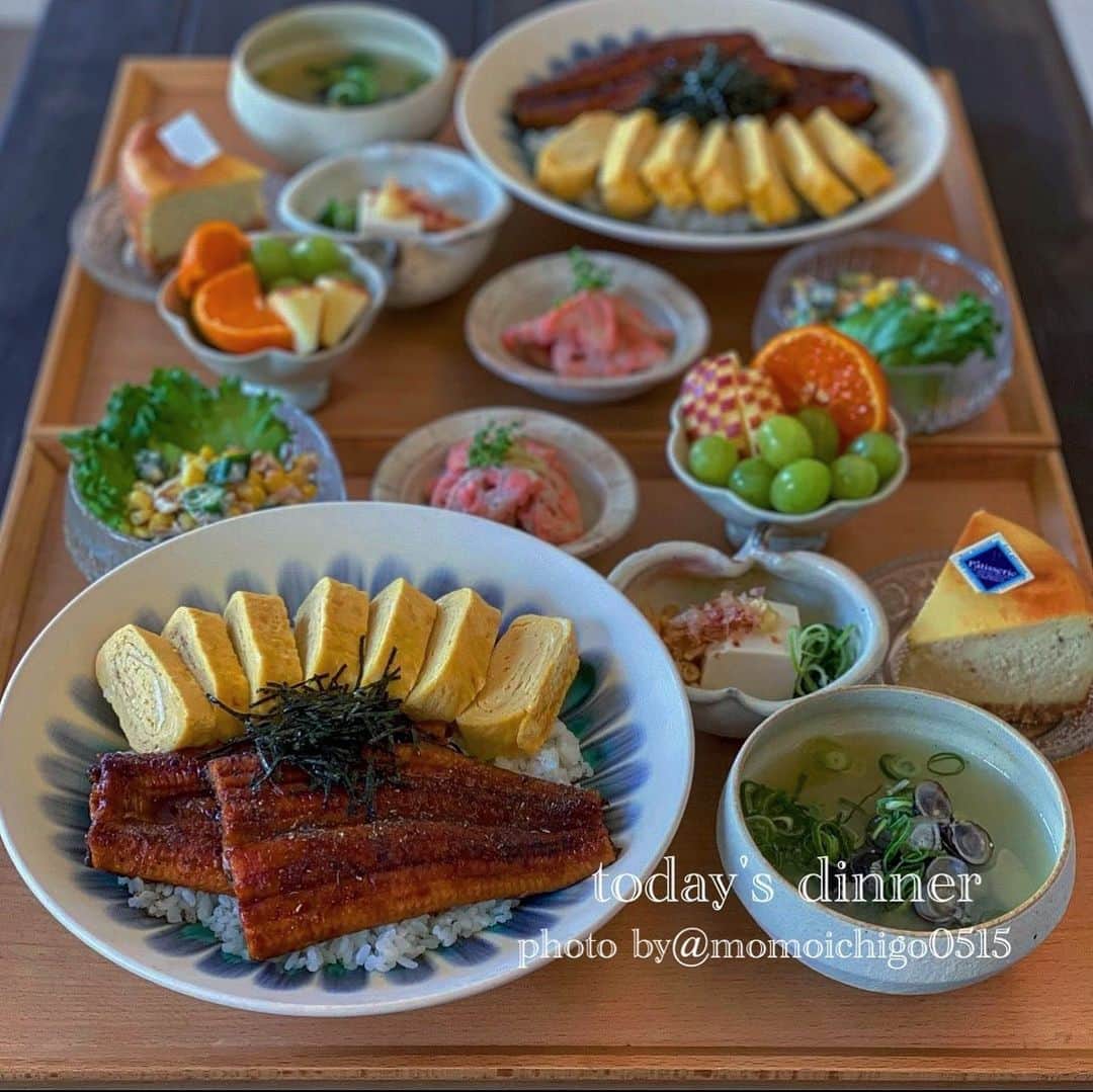 YASUKO TAKESUEのインスタグラム：「. 今日の晩ごはん😊💝 . . 無性に鰻が食べたくなりました😁. お高いので あまり買わないので 今日はじっくり味わって食べようと思いま〜す😂💝 . . サツマイモを頂いたので サツマイモ入りのチーズケーキを作りましたが 納得いく出来栄えではなかったので ホールでの写真は撮ってません😂(真ん中が凹んでしまいました)💦 . .  #晩ごはん#晩ご飯#夜ごはん#よるごはん#夕食#おうちごはん#お家ご飯#うちご飯#おうちご飯lover#おうちご飯記録#食卓#手料理#手作りご飯#料理写真#器好き#器集め#献立#家庭料理#food #foodpic#foodstagram#food photography#followme #instagood #岩崎龍二 #古谷浩一 #水野幸一   .  .」