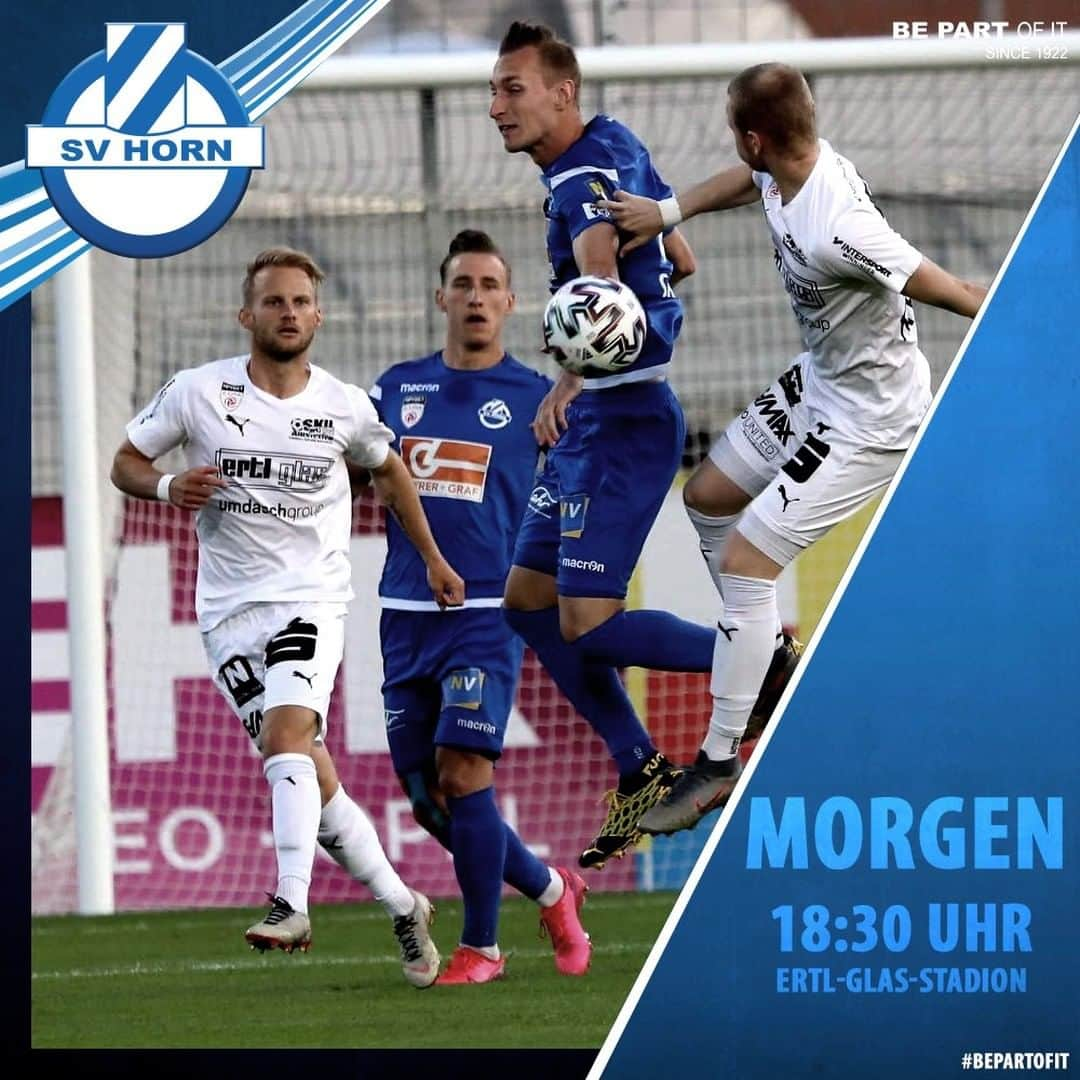 SVホルンのインスタグラム：「Morgen starten wir eine Woche verspätet in die Frühjahrssaison. Wir treffen auf den SKU Ertl Glas Amstetten im Ertl-Glas-Stadion um 18:30 Uhr.  Übertragen wird das Spiel unter https://www.laola1.at/de/ott/de-at/playerpage/396632  Wir freuen uns auf ein spannendes Match und wünschen euch viel Spaß beim Zusehen vor dem Bildschirm.  #svhorn #bepartofit」