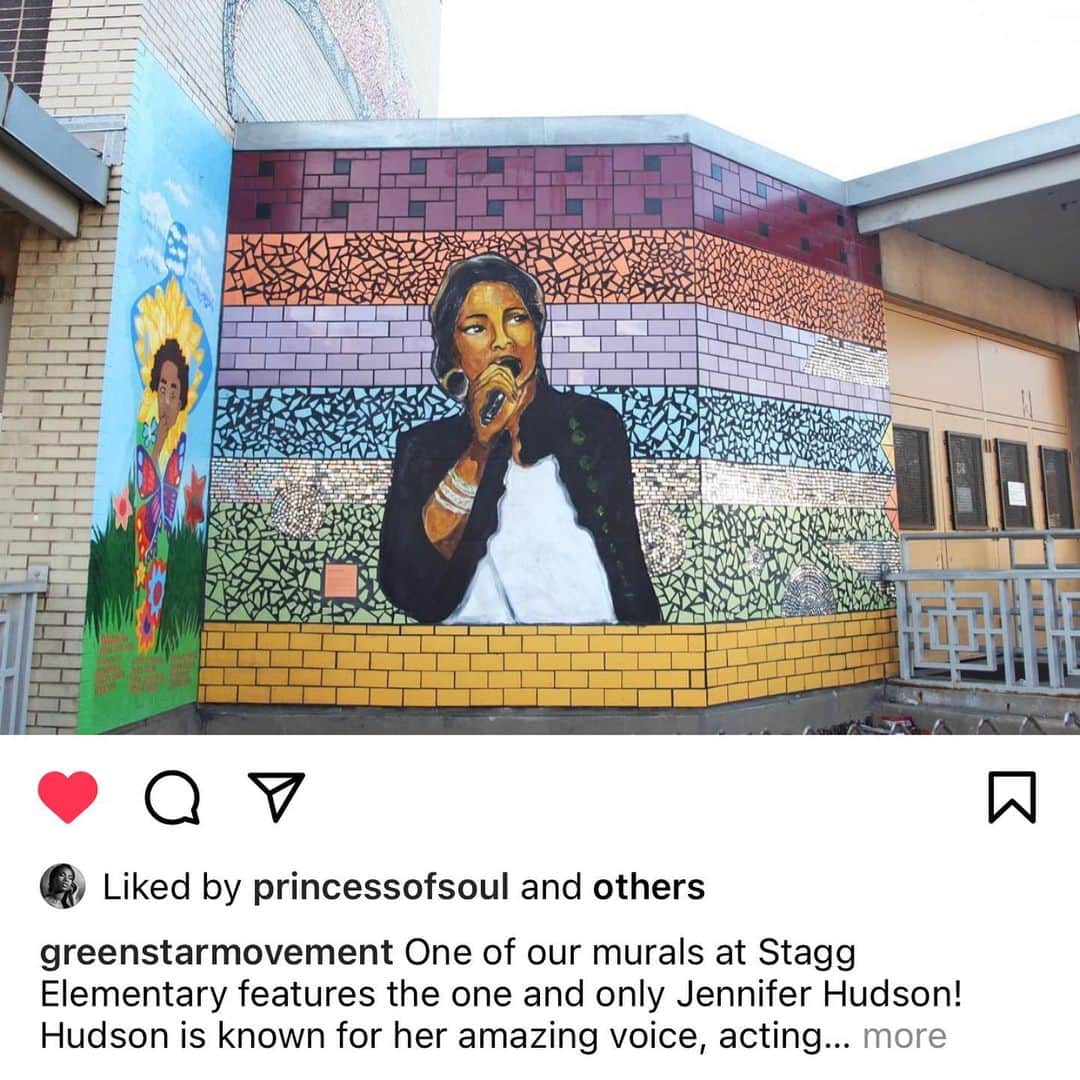 ジェニファー・ハドソンのインスタグラム：「While, I’ve been over here having murals made , I never woulda guessed someone was making one of me  #staggelementary  wow thank u.  This made me want to share all of mine with u team jhud ! I love art !」