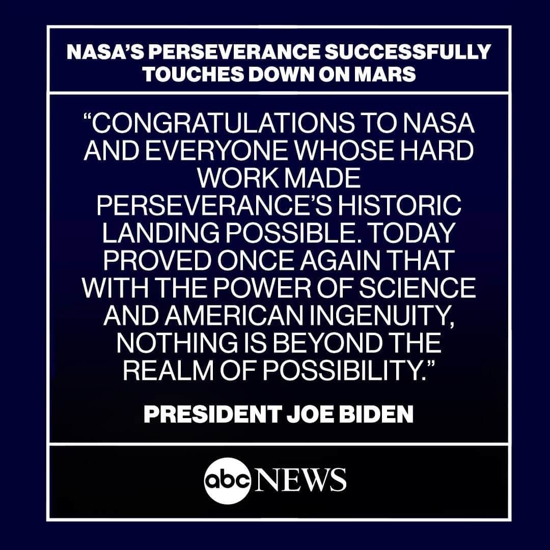 のインスタグラム：「Pres. Biden tweets congratulations to NASA after Perseverance rover successfully touches down on Mars: “Today proved once again that with the power of science and American ingenuity, nothing is beyond the realm of possibility.”」