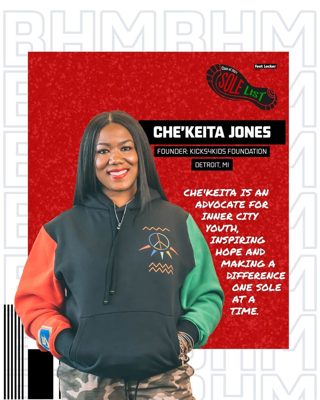 Foot Lockerのインスタグラム：「Today we celebrate Sole List honoree, Che'Keita Jones (@kicks4kidsfoundation). She is an 8th grade math teacher and the founder of the Kicks4Kids Foundation, which provides sneakers for inner city youth to help build their self-confidence. Join us in celebrating her and the rest of our Sole List Honorees.」
