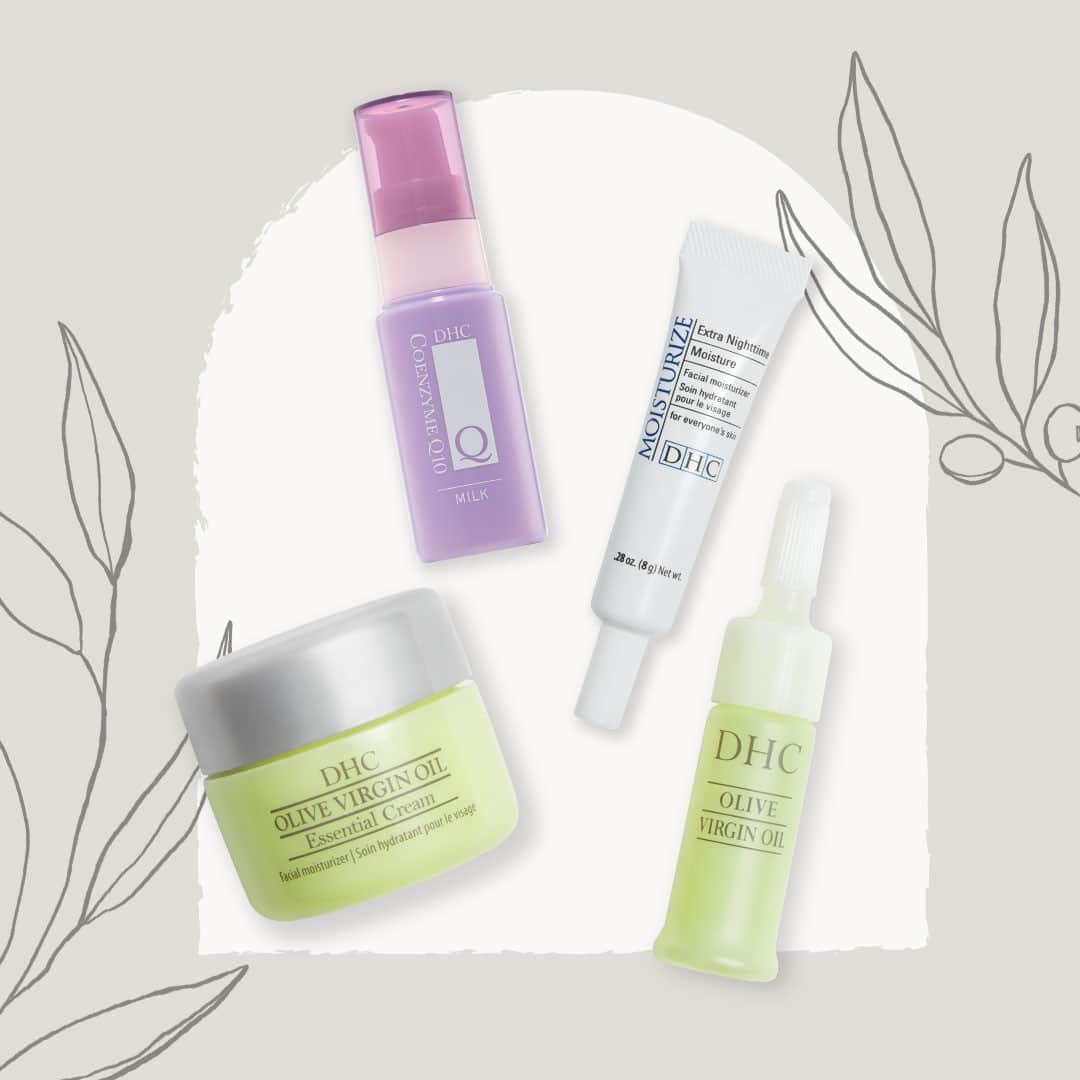DHC Skincareのインスタグラム：「Finding the right moisturizer is hard work! But don't worry, we've got you 💜 Try four of our favorites – Olive Virgin Oil Essential Cream, CoQ10 Milk, Extra Nighttime Moisture, and Olive Virgin Oil – on us when you spend $75 or more on DHCcare.com ☝️」