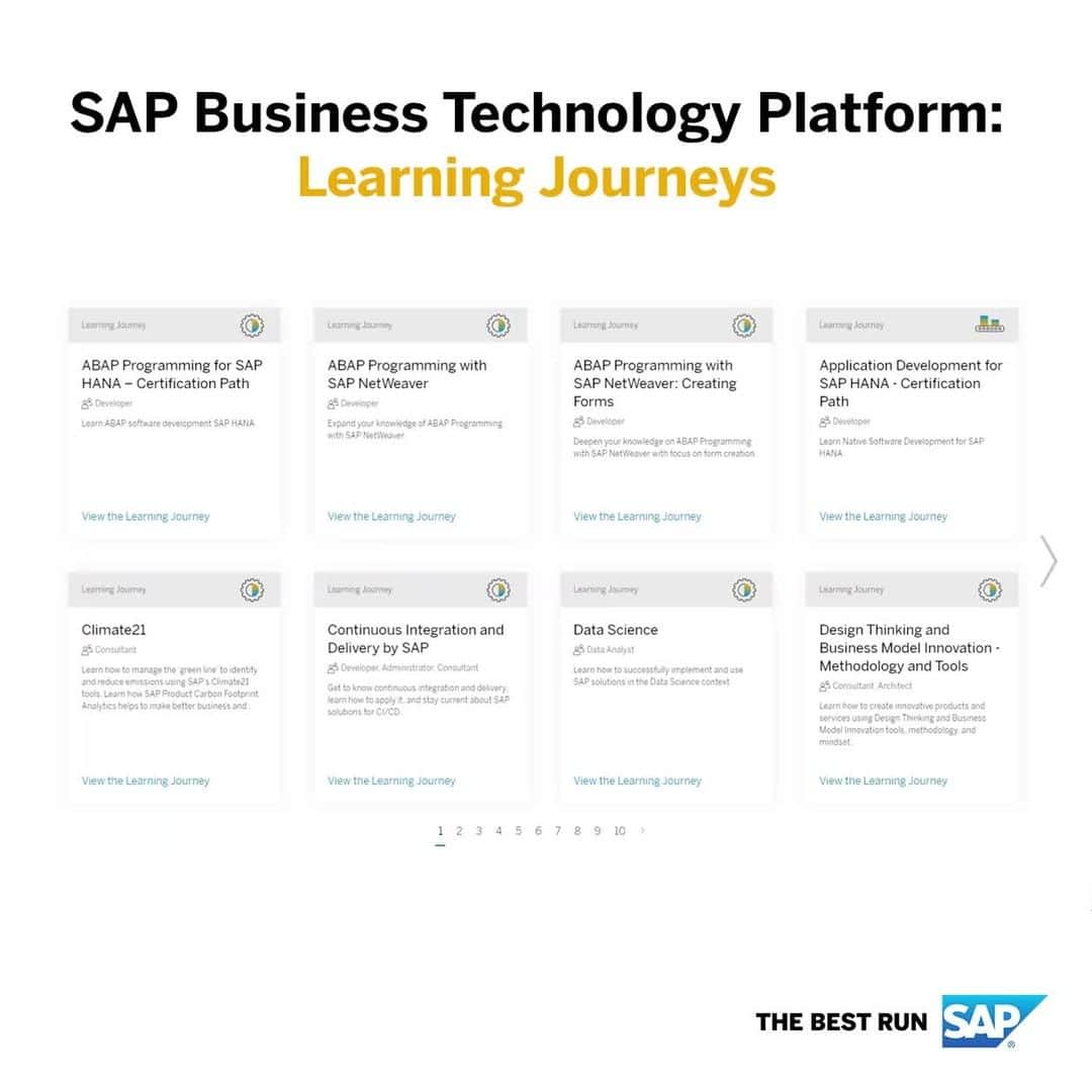 SAPのインスタグラム：「Get the skills needed to optimize the use of SAP Business Technology Platform. Take advantage of 70+ Learning Journeys: sap.to/learnbtp」