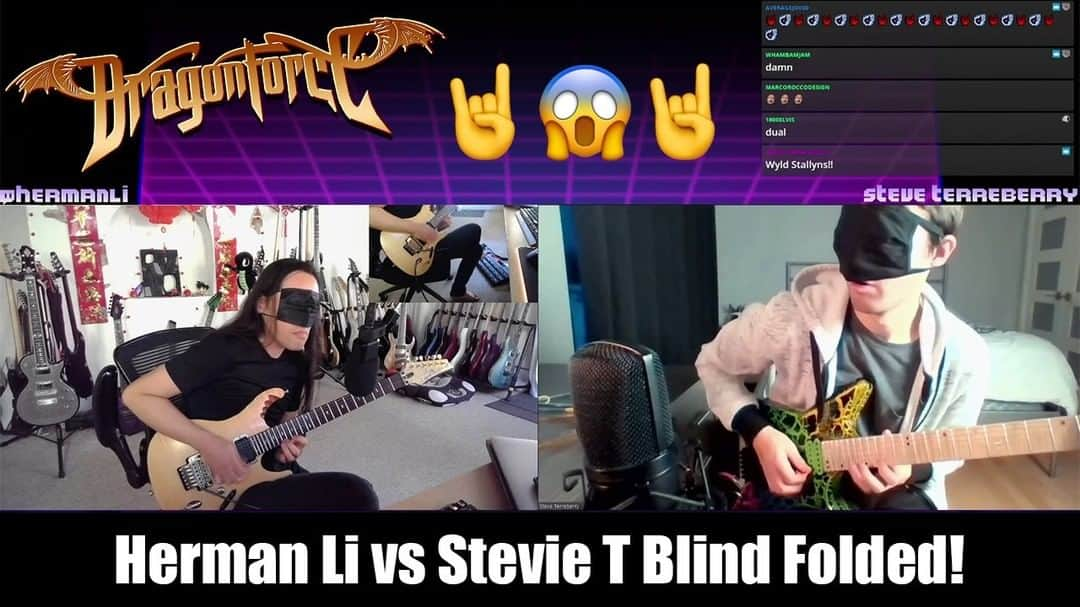 DragonForceのインスタグラム：「Don't look! @hermanli vs @steventerreberry  YT video link is on bio if you have nothing else better to do.  #dragonforce #hermanli #steveterreberry #guitarsolos #guitar #guitarist #guitaristsofinstagram  #guitare #guitarplayer #shredcollab」