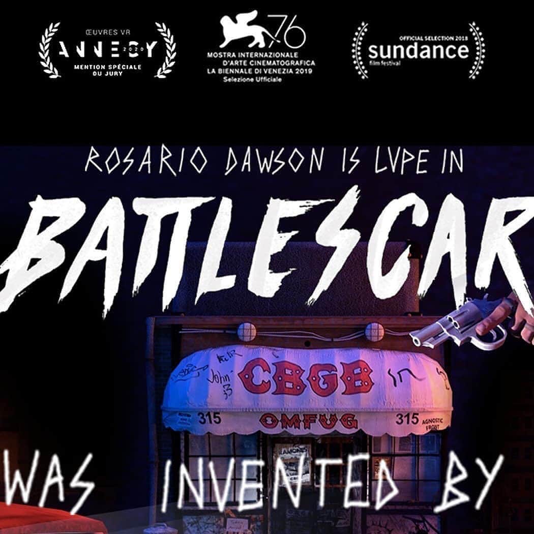 ロザリオ・ドーソンのインスタグラム：「After 2 years of festival tours, from Sundance to Venice, Battlescar is finally available on #oculusquest and #oculusrift  Created by @martin.allais , @nicocasavecchia and @mechiart , narrated by @rosariodawson, @jehnnybeth en français, #battlescar is a coming of age story that touches on identity, music, friendship, and of course, the powerful energy of the emerging NYC punk subculture.  "Your Bowery education starts now," with 16 year old runaways Lupe and Debbie at the heart of the late ‘70’s New York punk movement. What does it mean to be punk?  Find out by following a year in Lupe’s life on the street of Alphabet City, where her journal is her only possession and her lyrics her only guide.   We are so proud to share with you BATTLESCAR: Punk Was Invented By Girls!  Check out Battlescar, now on #Oculus Quest and Rift.」