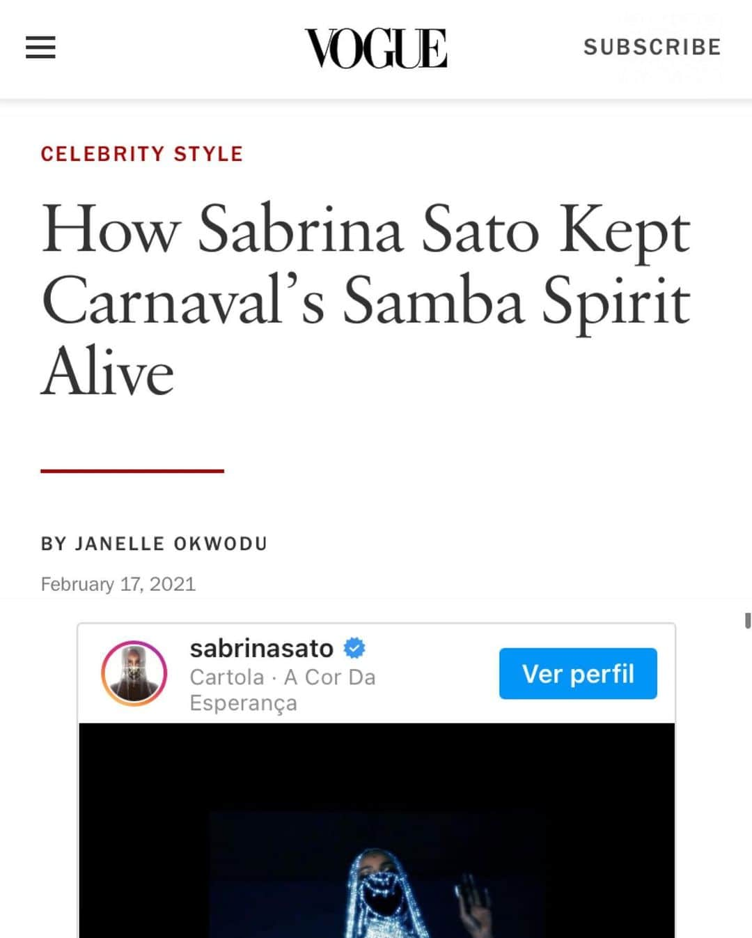 サブリナ・サトウさんのインスタグラム写真 - (サブリナ・サトウInstagram)「Thank you, @voguemagazine and @okjanelle, for understanding the importance of carnival to us, Brazilians. Thank you for the article, for the beautiful words, for celebrating fashion, the spirit of carnival and samba, even in a year without our parade ❤️ ////// Muito obrigada, @voguemagazine e @okjanelle, por entender a importância do carnaval para nós, brasileiros. Obrigada pela matéria, pelas lindas palavras, por celebrar a moda, o espírito do carnaval e do samba, mesmo em um ano sem nosso desfile ❤️」2月19日 2時21分 - sabrinasato