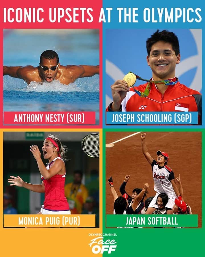 オリンピックチャンネルのインスタグラム：「Historical moments that will live in Olympic history forever.🥇   Vote now via our Insta stories! #FaceOff  Anthony Nesty 🇸🇷 Joseph Schooling 🇸🇬 Monica Puig 🇵🇷 Japan Softball 🇯🇵  @anthony_nestyuf @josephschooling @sgolympics  @fina1908 @monicaace93 @comiteolimpicopur @itftennis @team_nippon @wbsc」