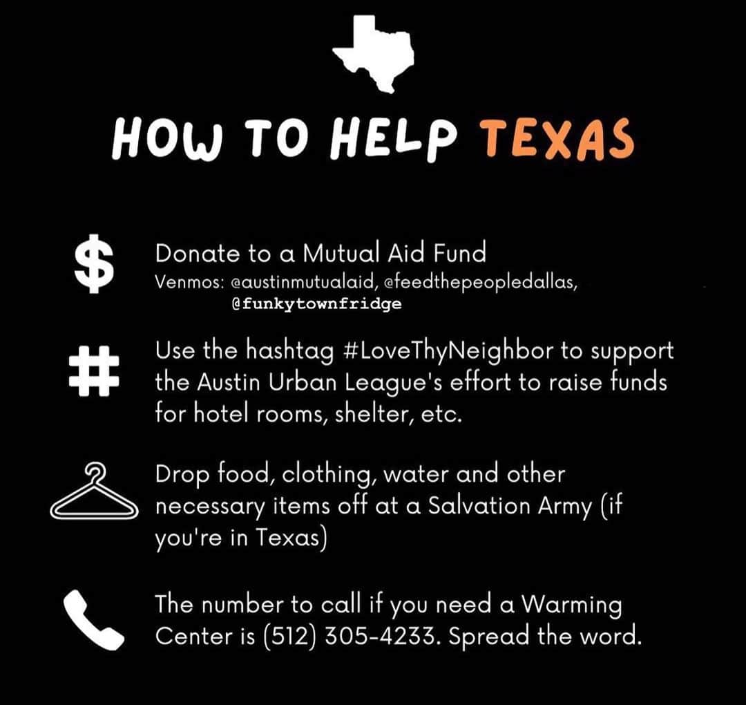 コビー・スマルダーズのインスタグラム：「Sending ❤️ to Texas. If you are able to help please consider giving to the above organizations @austinmutualaid  @feedthepeopledallas  @funkytownfridge」