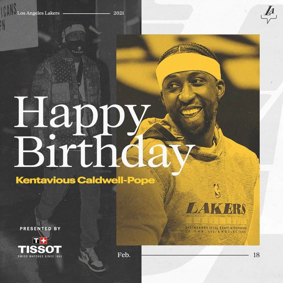 Los Angeles Lakersさんのインスタグラム写真 - (Los Angeles LakersInstagram)「We’re pretty sure this guy gets faster with age. Happy 2-8, @caldwellpope 🥳  #LakeShow x @tissot.us」2月19日 3時30分 - lakers