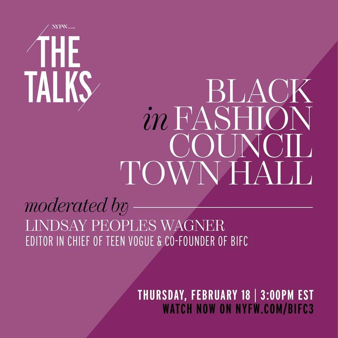 Fashion Weekのインスタグラム：「At 3pm EST, join @BlackinFashionCouncil co-founder @lpeopleswagner as she hosts a town hall with emerging designers @beadsbyaree, @kendraduplantier, @marrisawilsonny, @nicolebenefield_portfolio, and @thirdcrown, featured at NYFW: The Shows this season. Tune in live today at nyfw.com/BIFC3」