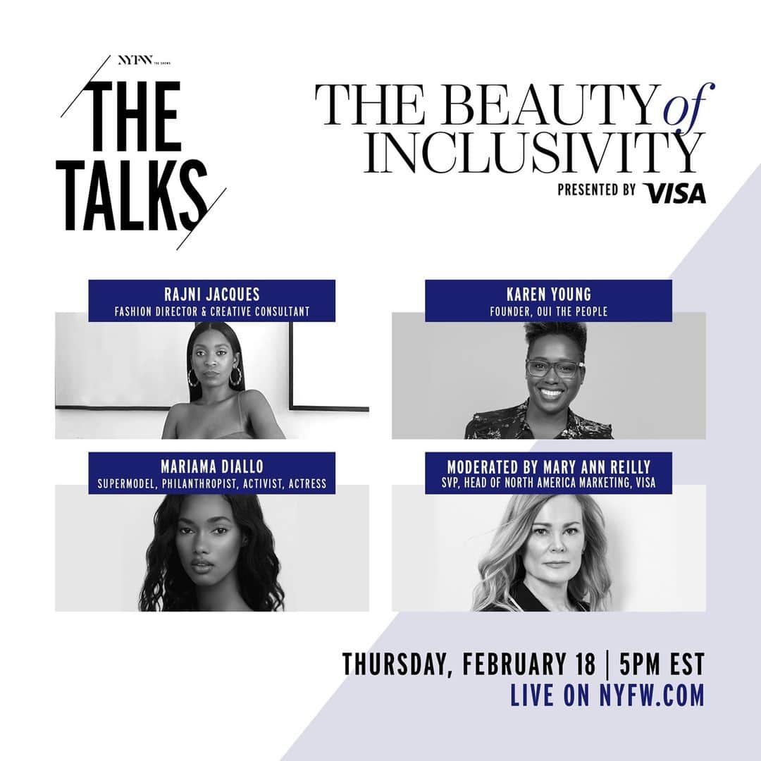 Fashion Weekのインスタグラム：「At 5pm EST, join us as we have an in-depth conversation around The Beauty of Inclusivity and discuss the power of black-owned businesses with @rajni_jacques, @hammockshightea and @mariama, moderated by @visa_us' Mary Ann Reilly. Watch it LIVE on nyfw.com」