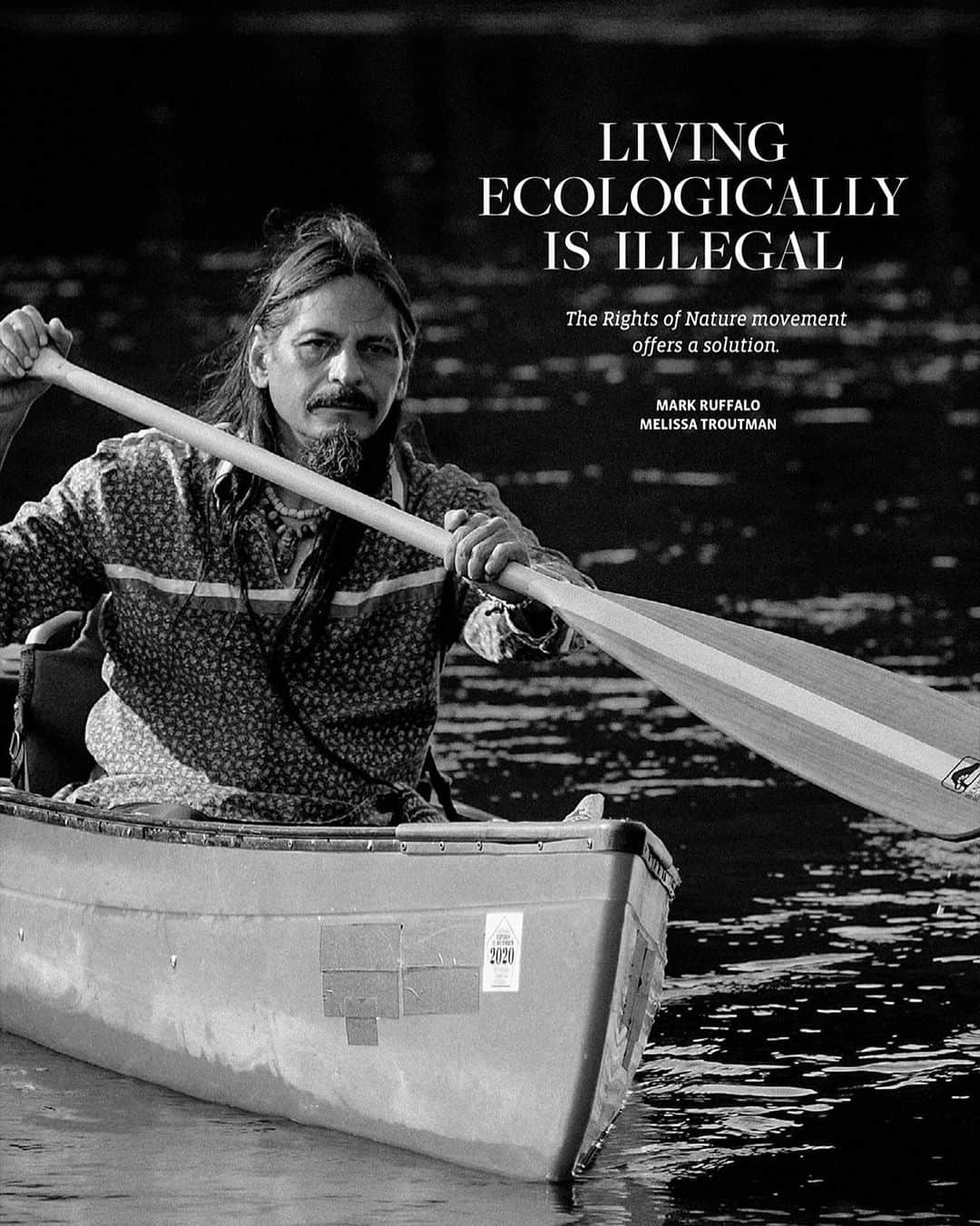 マーク・ラファロのインスタグラム：「Excited for this today! Use the link in my bio to read Melissa Troutman’s and my article in @yesmagazine_. It might surprise you how living ecologically is currently illegal with the systems currently in place.   After reading, if you’re inclined to join the movement, we’re calling all students and young adults: help us fight the #climatecrisis in a new way!   Join me on March 13 for a global screening of @publicherald’s and my documentary #InvisibleHand about the #RightsofNature Movement. A panel discussion will follow the film, and then we’ll open up the conversation to the audience.」