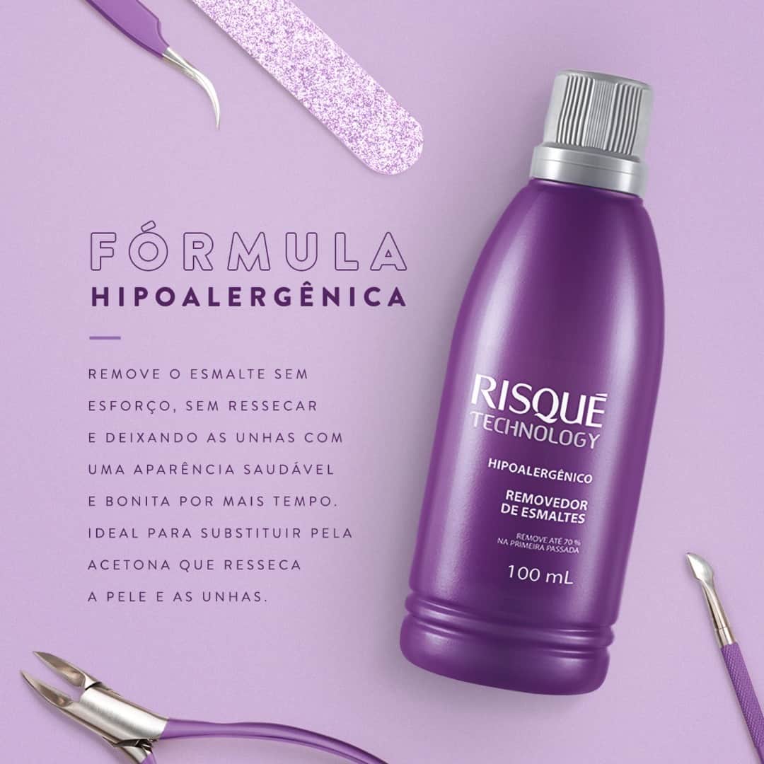 Risqueのインスタグラム：「Sabe um aliado para sua rotina de autocuidado com as unhas? O Removedor de Esmaltes #RisquéTechnology! Dê adeus às unhas ressecadas e manchadas. Ele tem fórmula hipoalergênica, enriquecida com Óleo de Orquídea e Ômega 6 que nutre e hidrata as unhas. E querem saber o melhor de tudo? Não tem acetona em sua fórmula. A acetona é responsável por causar ressecamento na pele e nas unhas 💅 ⠀ ⠀ #TáNasNossasMãos #EsmaltesRisqué #RisquéOficial」