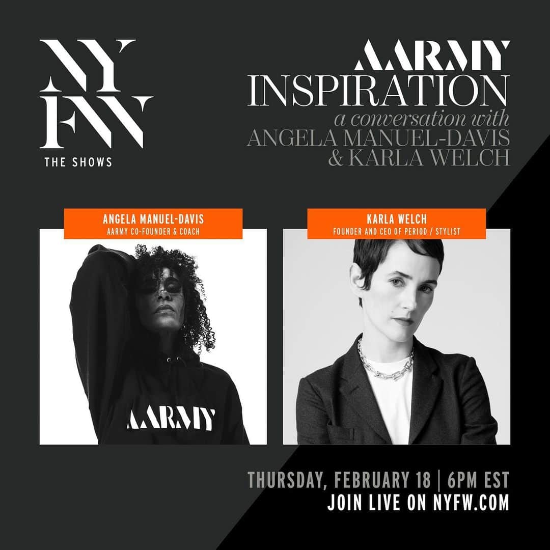 Fashion Weekさんのインスタグラム写真 - (Fashion WeekInstagram)「As the #NYFW season comes to a close, join @AARMY co-founder @AngelaManuelDavis as she leads a mental health conditioning session that will help you reach your full potential, with the founder of Period, @TheWallGroup’s @KarlaWelchStylist. Tune in LIVE at 6pm EST on nyfw.com」2月19日 6時41分 - fashionweek